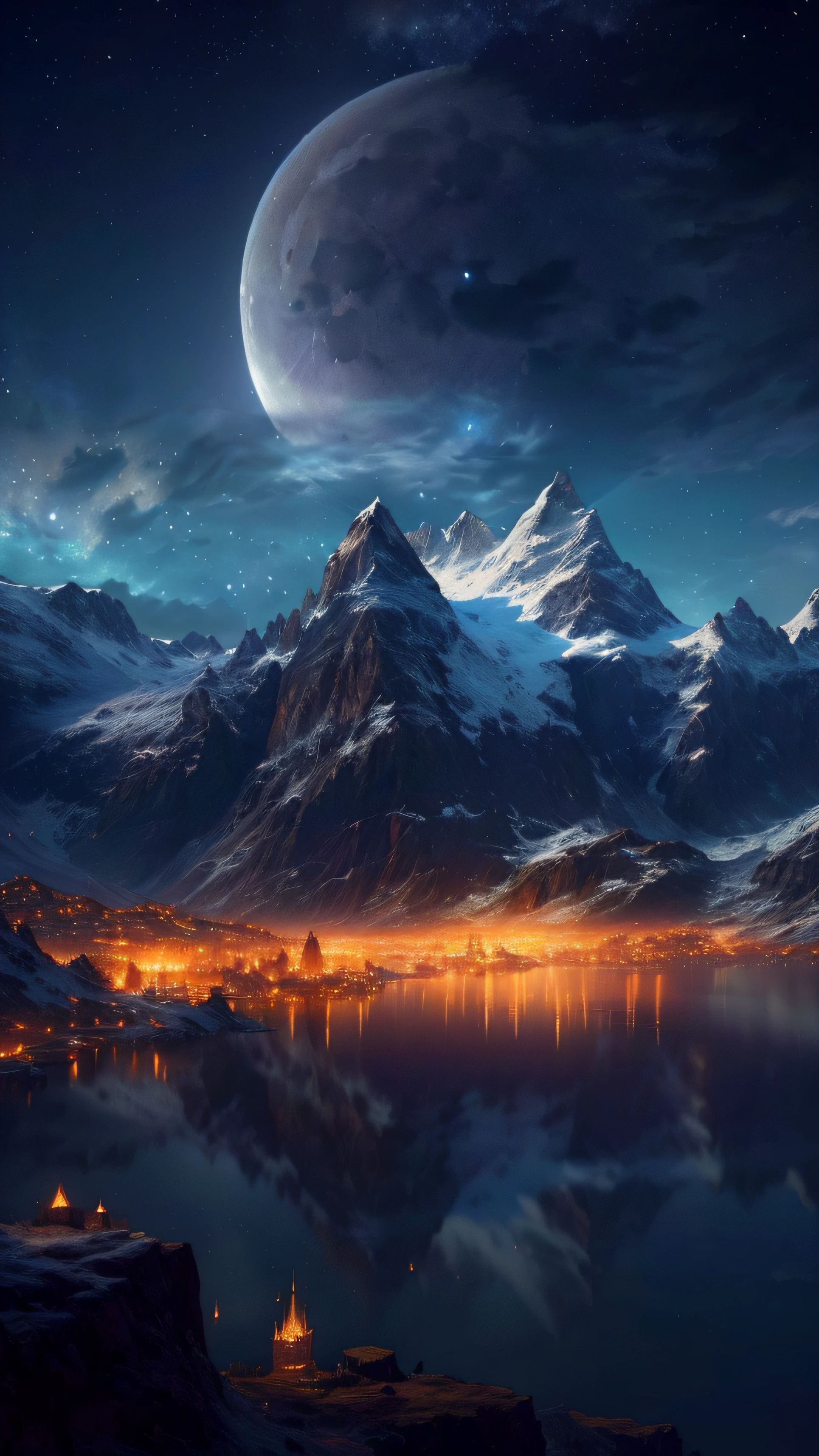 mountains and a lake with a moon in the sky, 4k highly detailed digital art, 4 k hd wallpaper very detailed, impressive fantasy landscape, sci-fi fantasy desktop wallpaper, unreal engine 4k wallpaper, 4k detailed digital art, sci-fi fantasy wallpaper, epic dreamlike fantasy landscape, 4k hd matte digital painting, 8k stunning artwork
