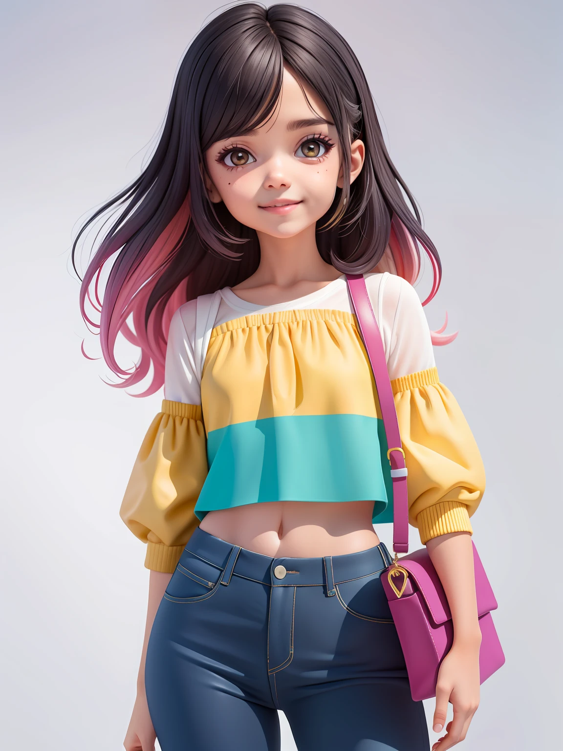 (obra-prima), (melhor qualidade), (ultra-detalhado), (corpo inteiro: 1.2) meniena, loira, negra, pants and mini blouse, sorriso claro, corpo inteiro, :3, cabelo multicolor, curto, preso, pavor, moderno, Modern accessories, fundo tom pastel , colorido e simples.