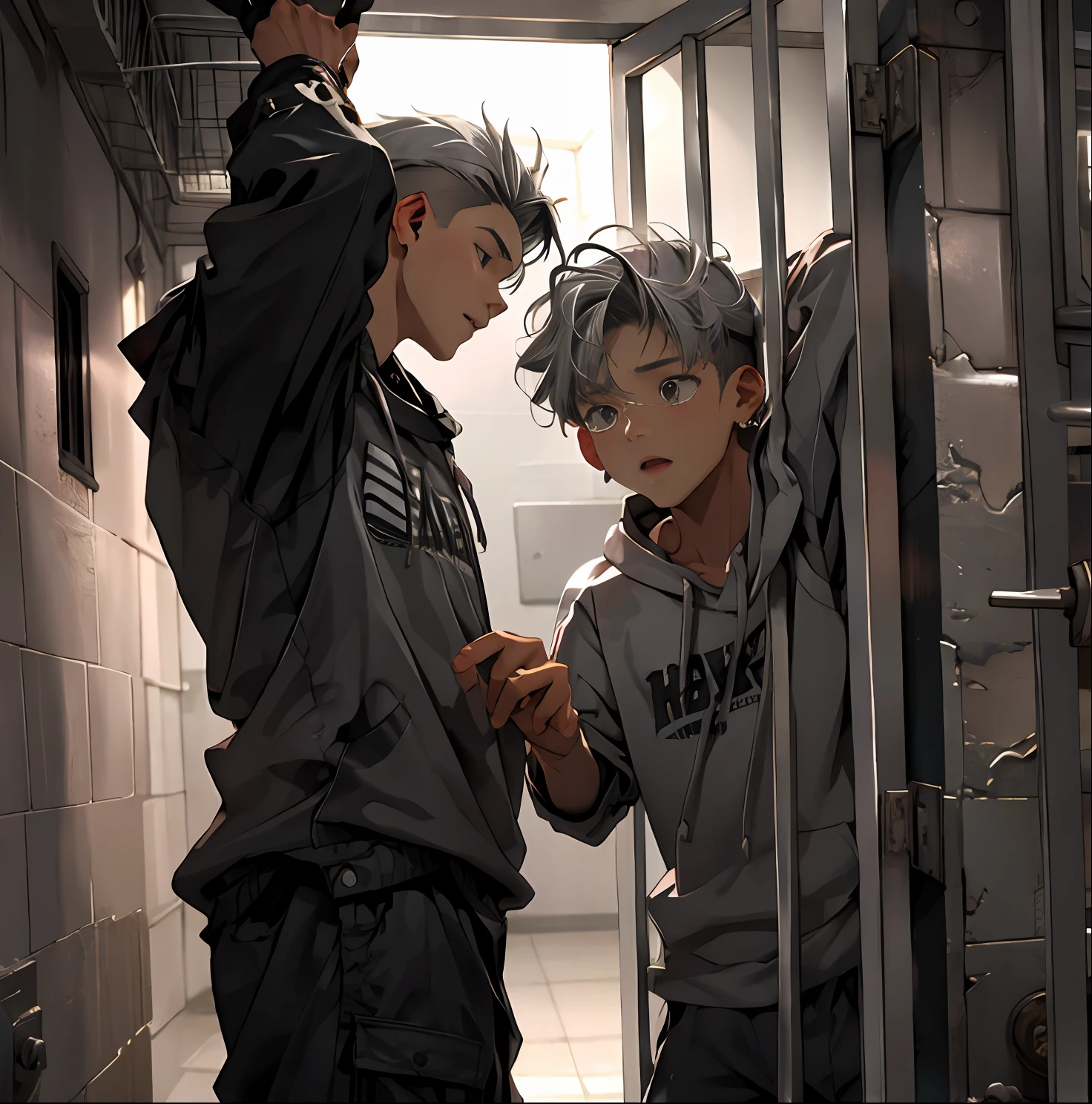 A 14-year-old boy is locked in a cell and yells at his older brother to let him out........... Tienen el pelo gris plateado Son adolescentes.