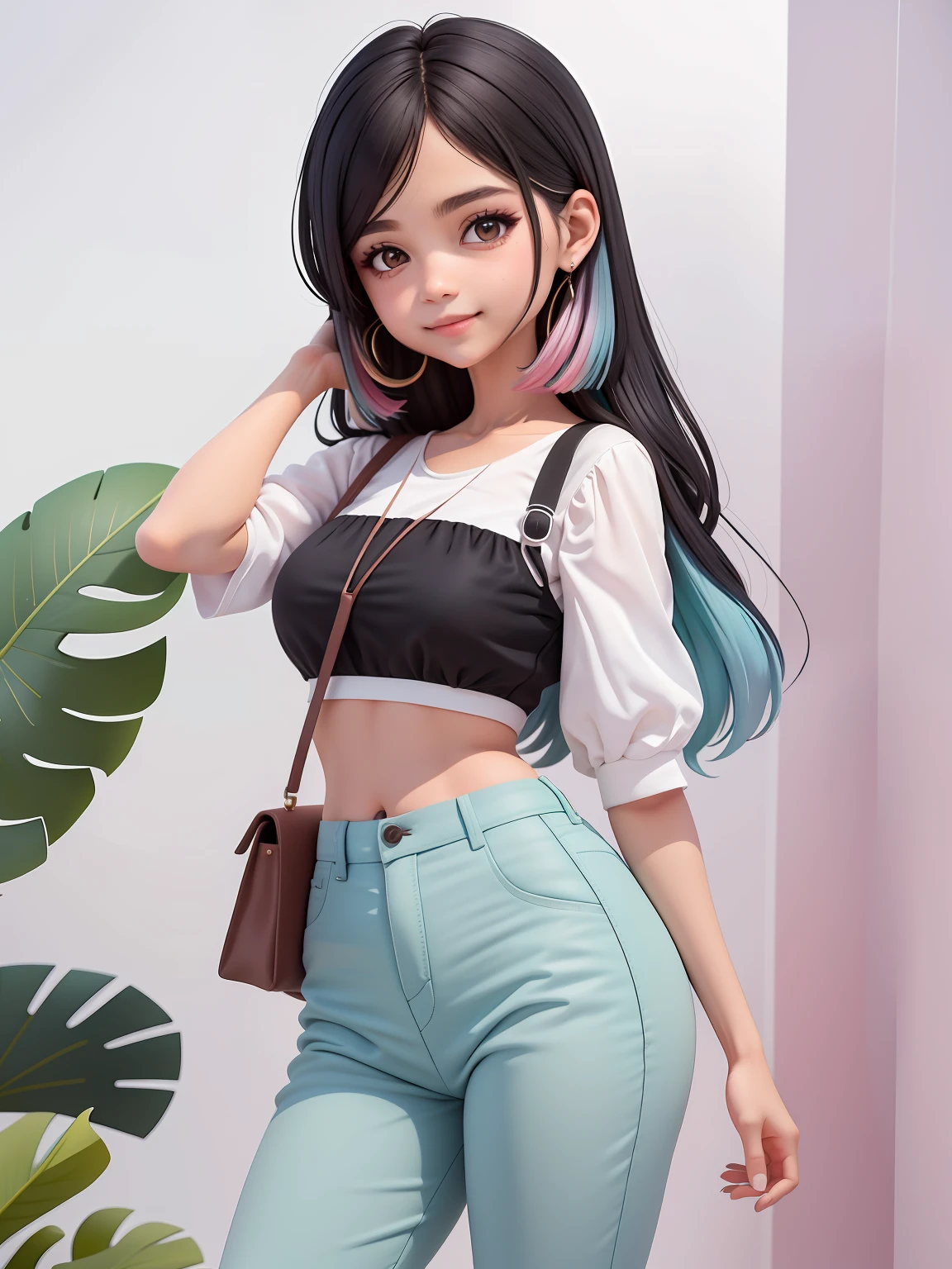 (obra-prima), (melhor qualidade), (ultra-detalhado), (corpo inteiro: 1.2) loli menina morena, loira, negra, pants and mini blouse, sorriso claro, corpo inteiro, :3, cabelo multicolor, curto, preso, pavor, moderno, Modern accessories, fundo tom pastel , colorido e simples.