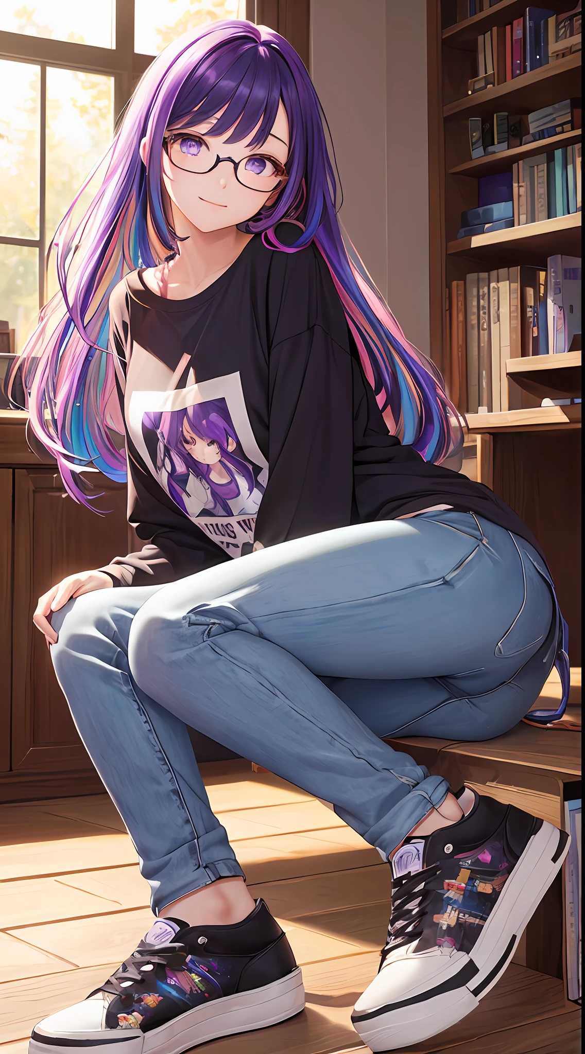 (masterpiece), best quality, expressive eyes, perfect face, 1girl, solo, bluntbangs hair, (illustration: 1.1), (best eyes: 1.3), (beautiful and clear background: 1.25), (extremely detailed CG unity 8k wallpaper: 1.1), (colorful: 0.9), (depth of field: 0.75), 
(detailed eyes: 1.4), golden eyes, (multicolored hair: 1.2), purple hair, bright eyes, multi line in hair, glasses, long hair
(Oversize T-shirt: 1.4), scraft, jeans long pant, sneaker shoes,
looking_at_viewer, smile, library, indoor, romantic, sharo shoot, close up,