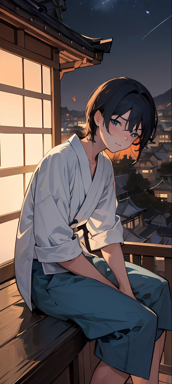 ((masterpiece:1.3, best quality:1.4)), delicate mature gentleman,1boy, 10 yo ,solo,  spiky hair, light blue eyes, japanese traditional student suit,buttom shorts, ((sitting near building's ledge)), rooftop, city view, seaside city, incredible view, ((nighttime)), city lights, sparkling, ((small traditional japanese village)), autumn leaves in the air, autumn season, stars night sky, forest in the distance, {{front view}},detailed face