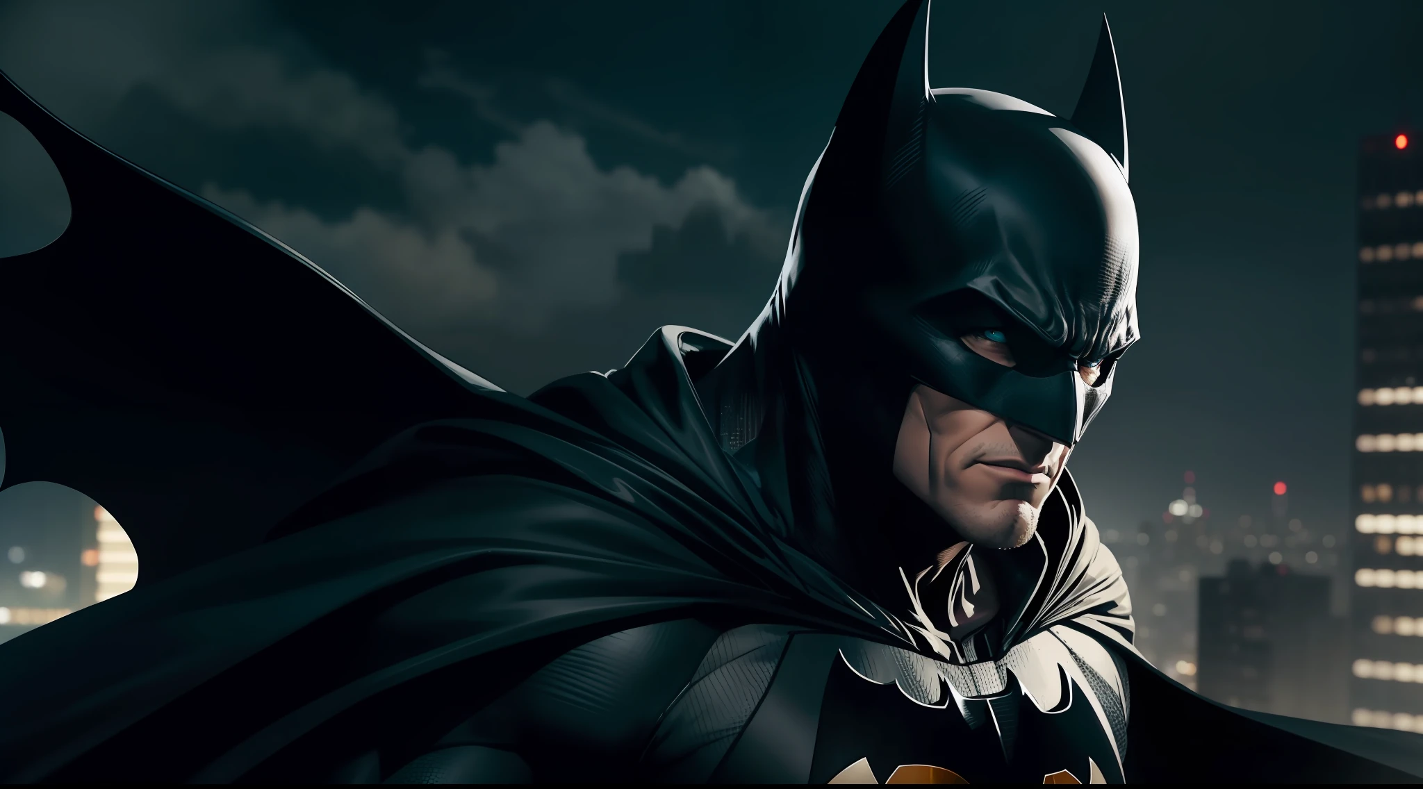 "close-up shot of Batman, brooding on a Gotham City rooftop, his cape flowing dramatically in the wind"
