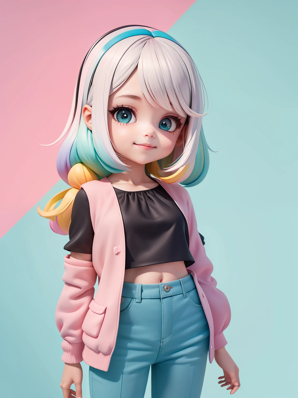 (obra-prima), (melhor qualidade), (ultra-detalhado), (corpo inteiro: 1.2) loli menina loira, negra, pants and mini blouse, sorriso claro, corpo inteiro, :3, cabelo multicolor, curto, preso, pavor, moderno, Modern accessories, fundo tom pastel , colorido e simples.