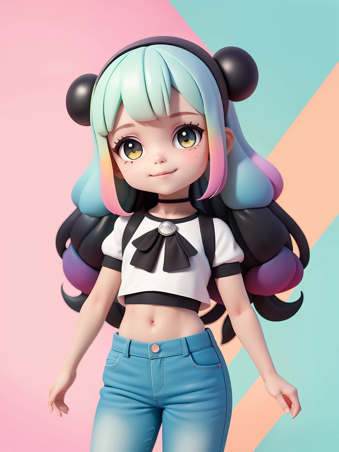 (obra-prima), (melhor qualidade), (ultra-detalhado), (corpo inteiro: 1.2) loli menina loira, negra, pants and mini blouse, sorriso claro, corpo inteiro, :3, cabelo multicolor, curto, preso, pavor, moderno, Modern accessories, fundo tom pastel , colorido e simples.