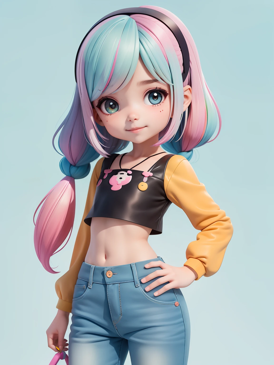 (obra-prima), (melhor qualidade), (ultra-detalhado), (corpo inteiro: 1.2) loli menina loira, negra, pants and mini blouse, sorriso claro, corpo inteiro, :3, cabelo multicolor, curto, preso, pavor, moderno, Modern accessories, fundo tom pastel , colorido e simples.