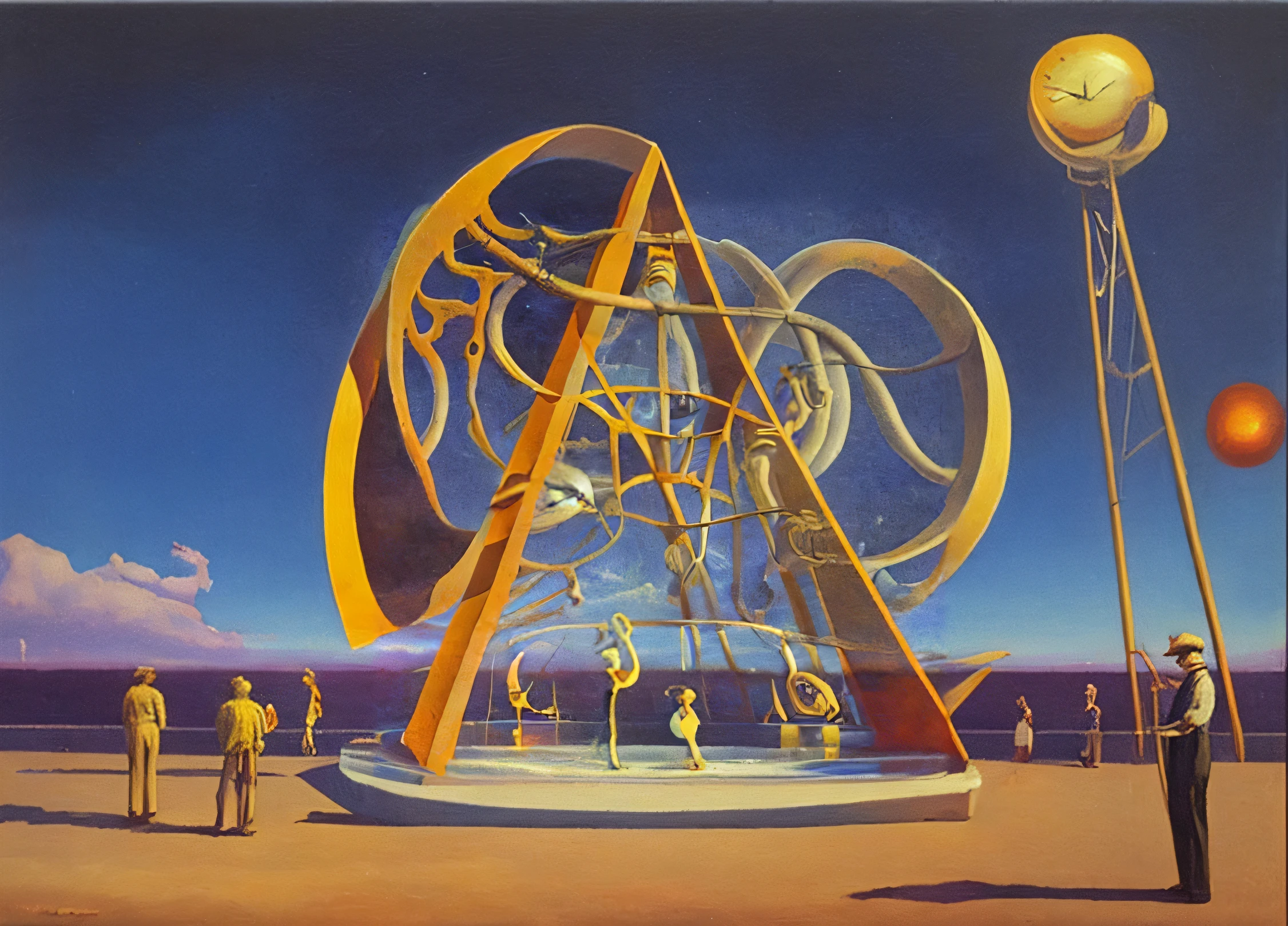 Picture of a clock with people standing around, Vladimir Tatlin, Dugald Sutherland McCall, Dalí's style, style of salvador dali, Inspired by Vladimir Tatlin, by Dali, surrealism painting, surrealism painting, Paul LaFolly, Surrealism oil on canvas, Surrealist oil painting, a surrealist painting, surrealist art