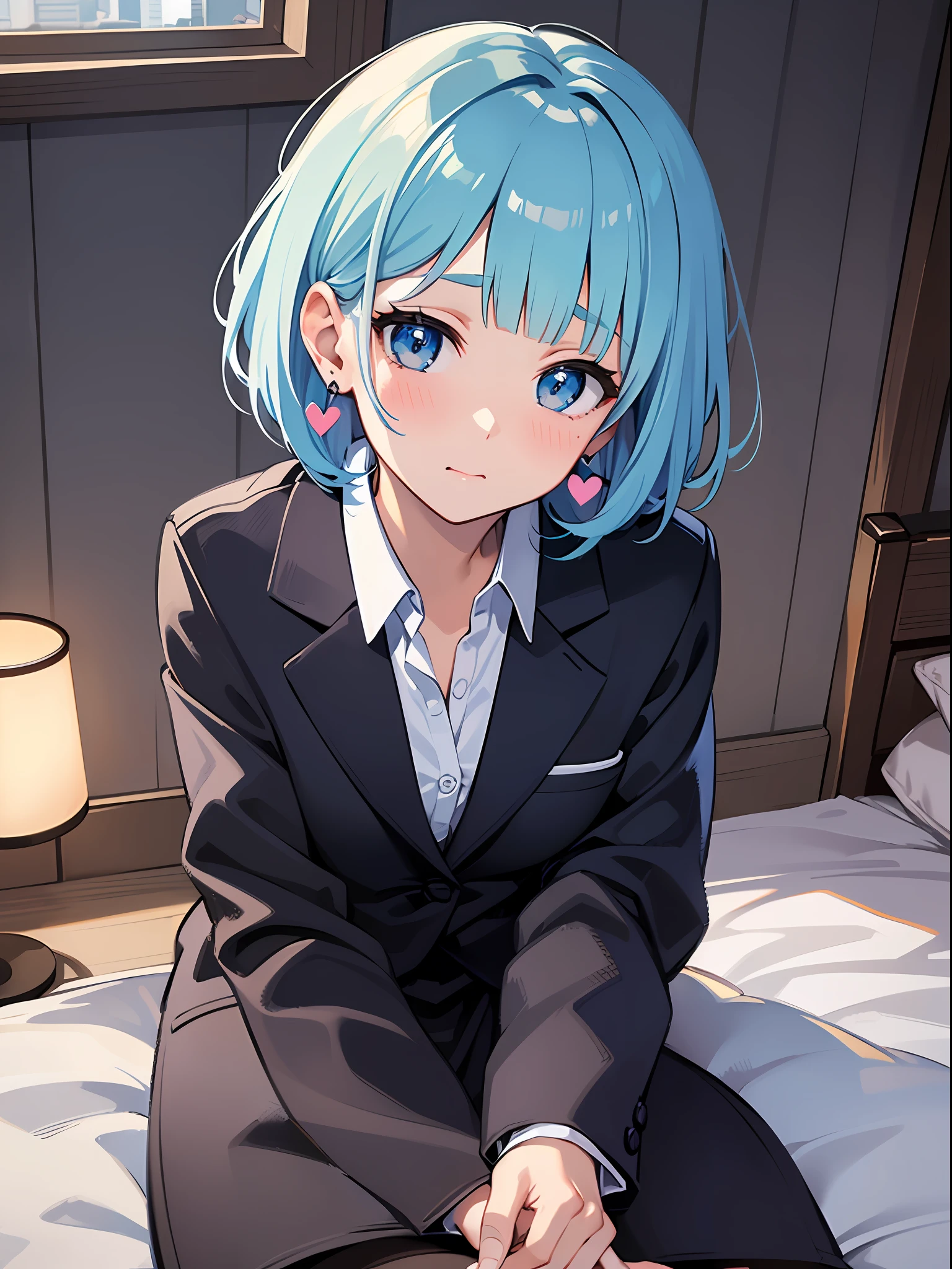 (masterpiece:1.3), (best quality:1.3), high resolution,
from above, upper body,
leaning forward, sitting, body facing forward,
(one cute girl:1.3), solo,
white skin, small Breast, eight-headed person,
light blue hair, (bobbed hair:1.2), (short hair:1.1), (blunt bangs:1.2), beautiful hair, blue eyes, beautiful detailed eyes,
blush, embarrassed, heart,
black jacket, white shirt, (business suit:1.2), pencil skirt, earrings,
indoors, bed, white room, night sky, (night:1.2),
shadowlighting,