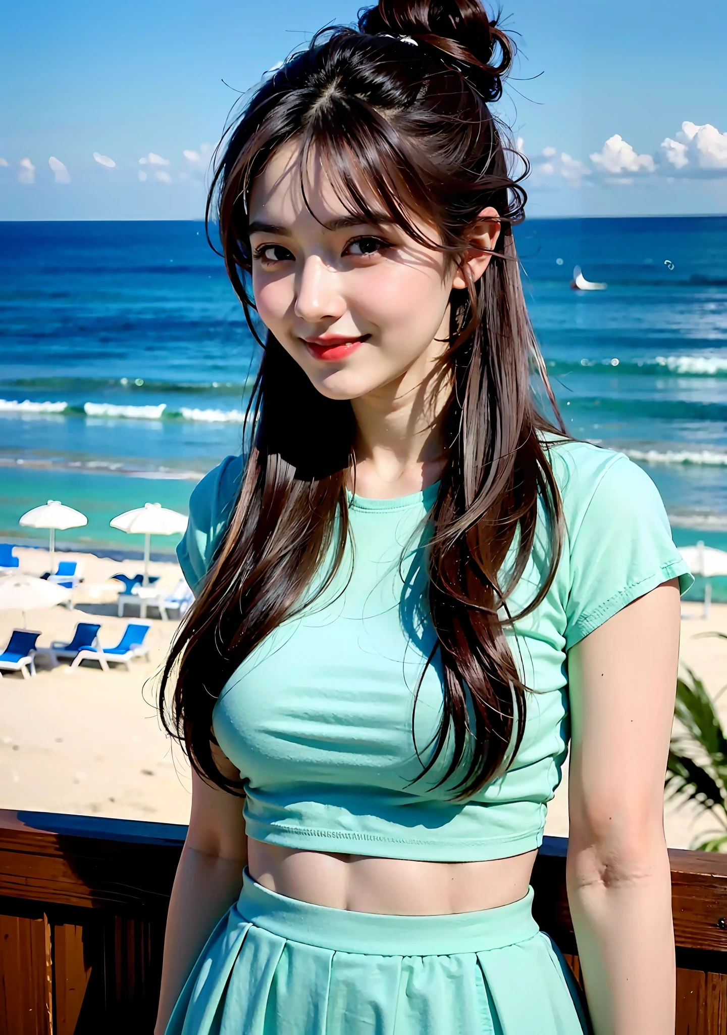 22 year old girl, wearing knee length mini skirt, white top, light blue skirt, brown hair, 3/4 body, portrait photo, deep of field, f/0.5, 200mm, girly, pretty, detailed skin description, realistic, 1 girl, natural pose, beach resort in the background, high bun hairstyle, moon night light,