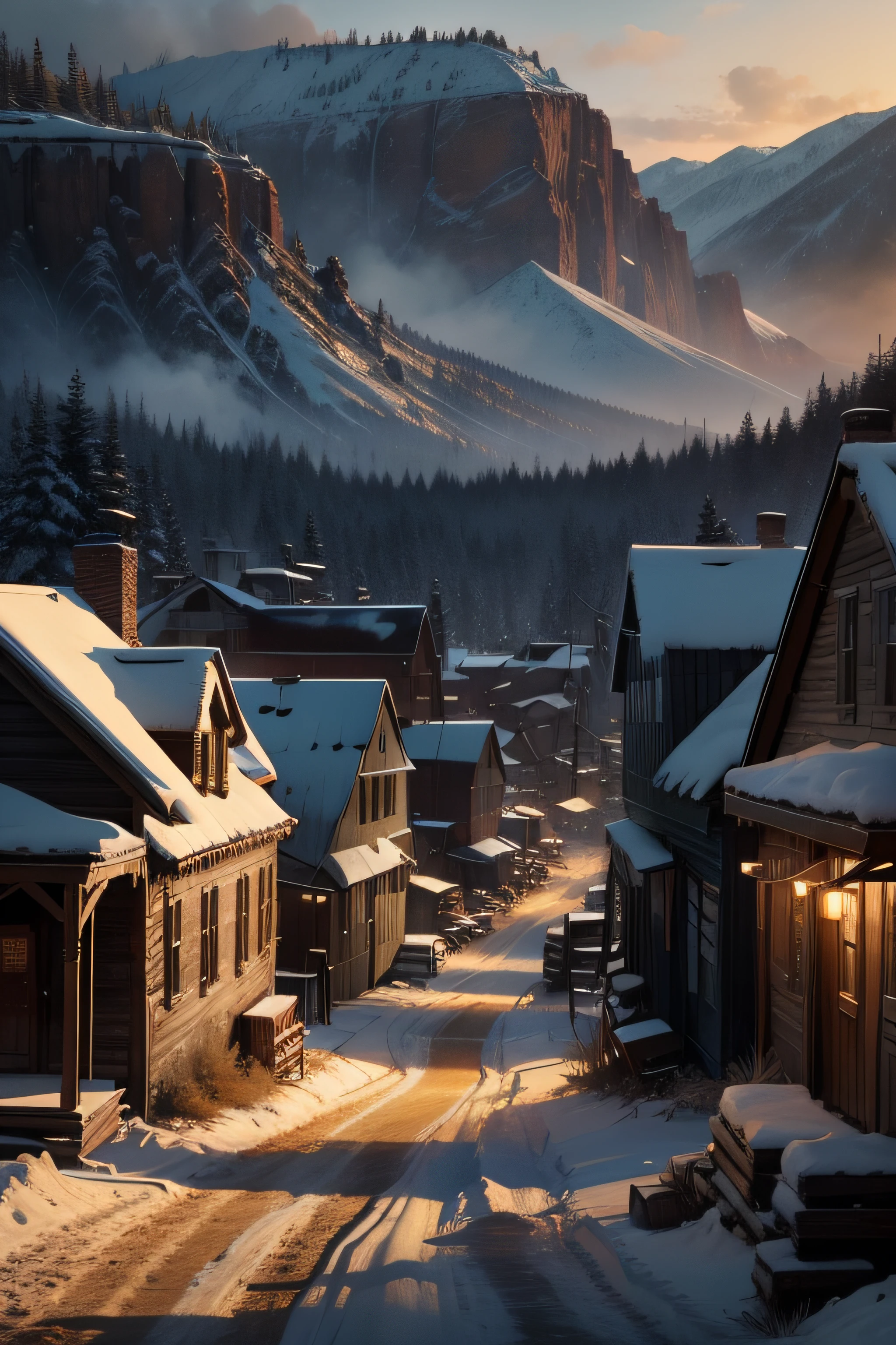 "Old-time mining town from the 1880's, meticulously detailed, cinematic atmosphere."