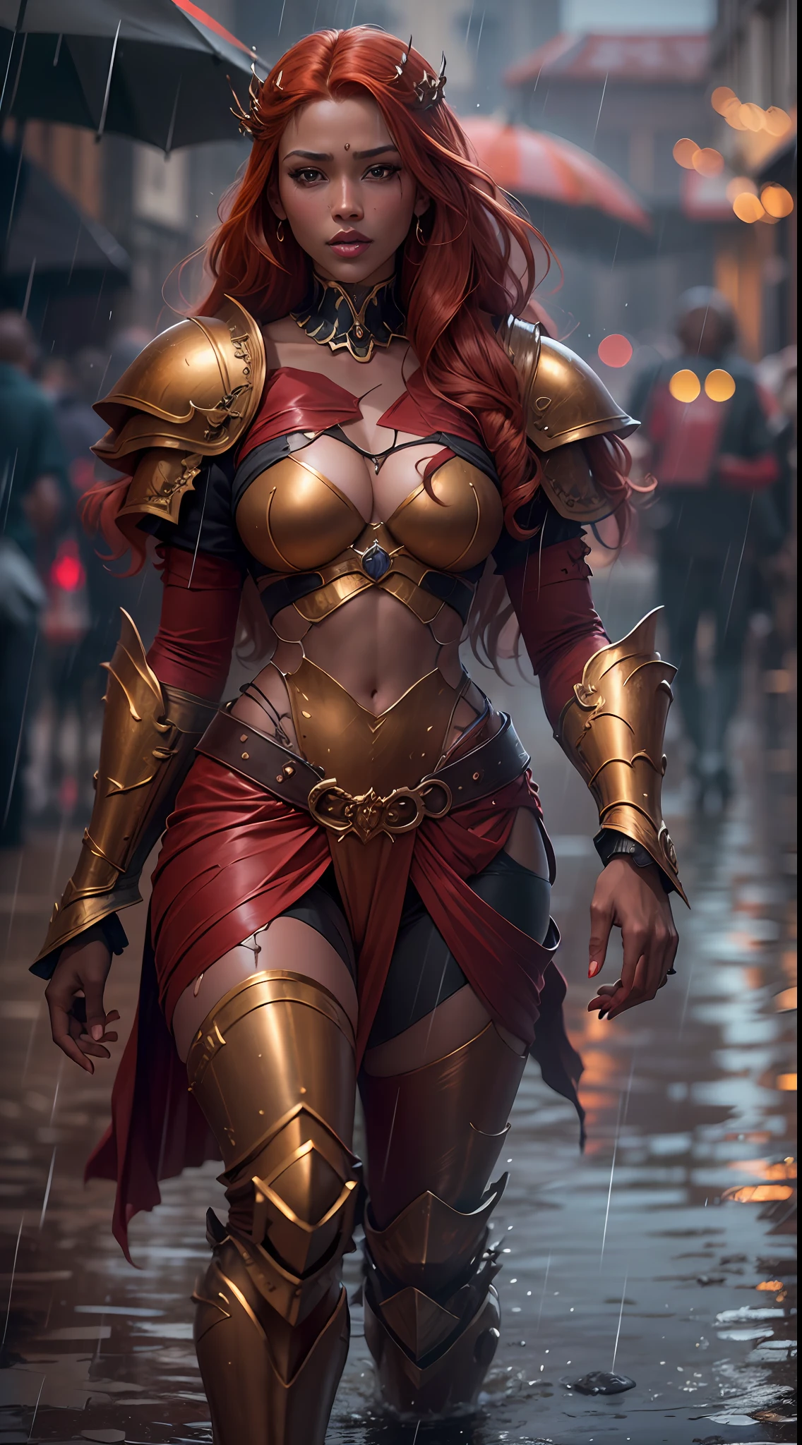 Best image , HDR , ultra resolution , 8k image , Tall Redhead woman 22 years old , dark skin , long red hair , thick thighs , medium breasts showing , queen outfit with sexy armor , red and gold clothes , wet lips , on the streets of Medieval Kingdom, Rains. Cyborg queen sensualizing, raining