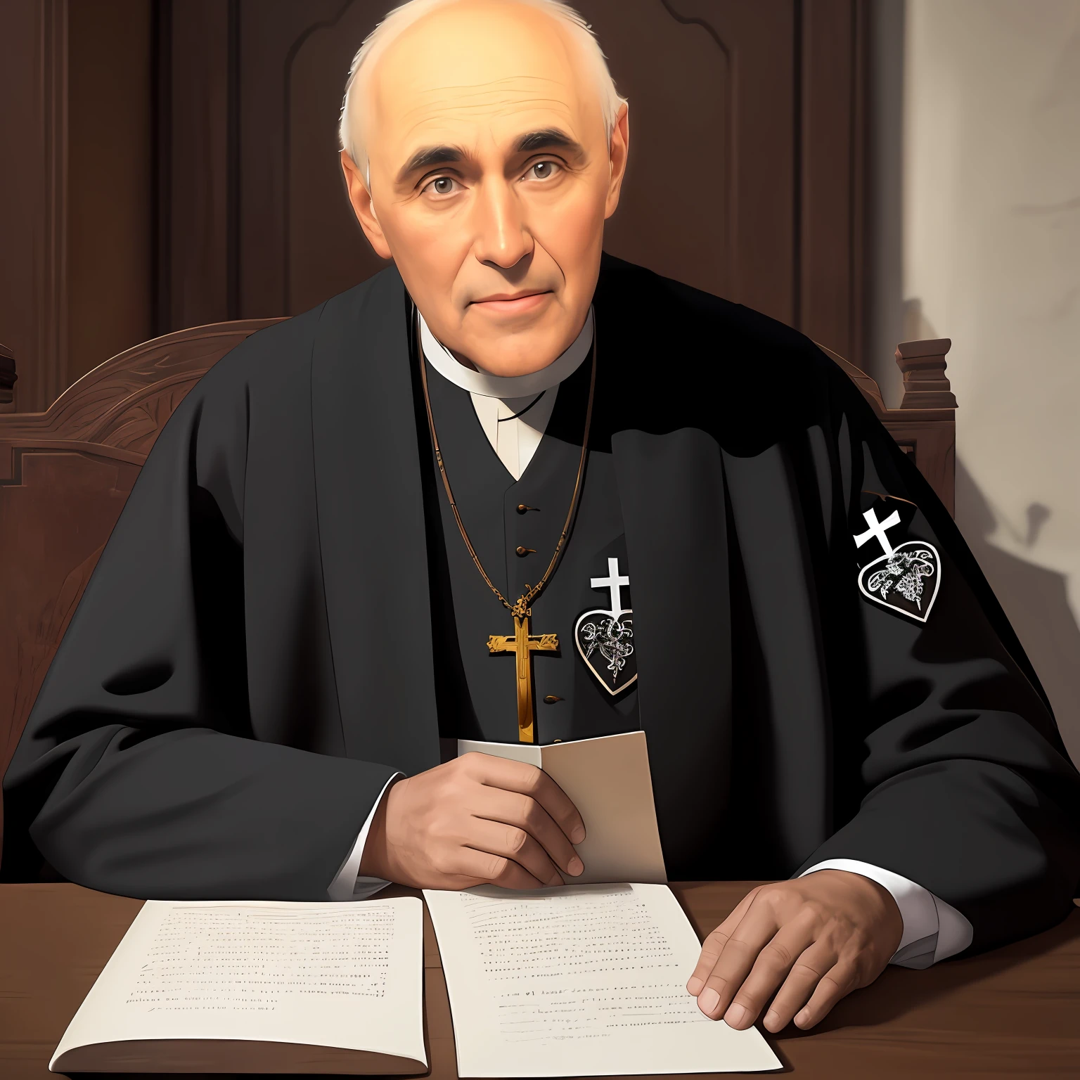 Man in priest's robes sitting at the table with a book, an evil catholic priest, inspirado em Charles McAuley, inspired by Jesús Mari Lazkano, Retrato do Santo Padre, Henrique Berthaut, inspired by Josef Navrátil, ezio, inspirado em Matthias Stom, pintado digitalmente, foto realista detalhada,