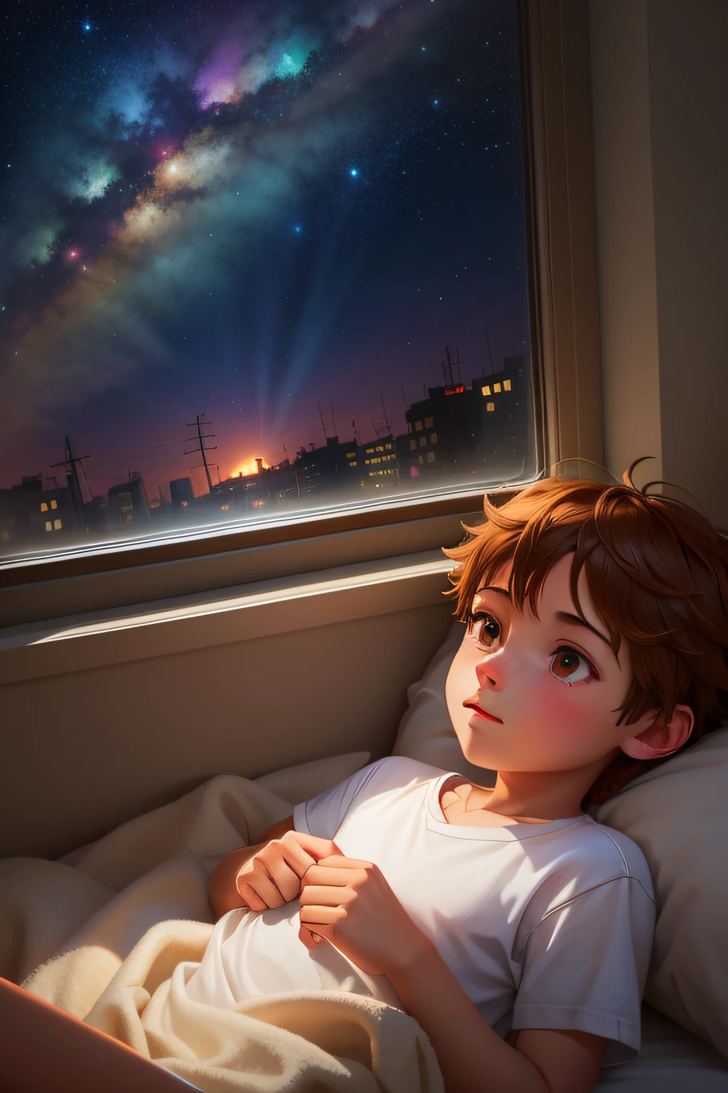 There's a boy lying in bed looking out the window, painting digital adorable, pixar retrato 8 k foto, noite calma. digital illustation, menino olhando para a janela, Makoto Shinkai Cirilo Rolando, Cyril Rolando e Goro Fujita, Makoto Shinkai. digital render, Disney fotorrealista, arte digital detalhada bonito, bela arte digital