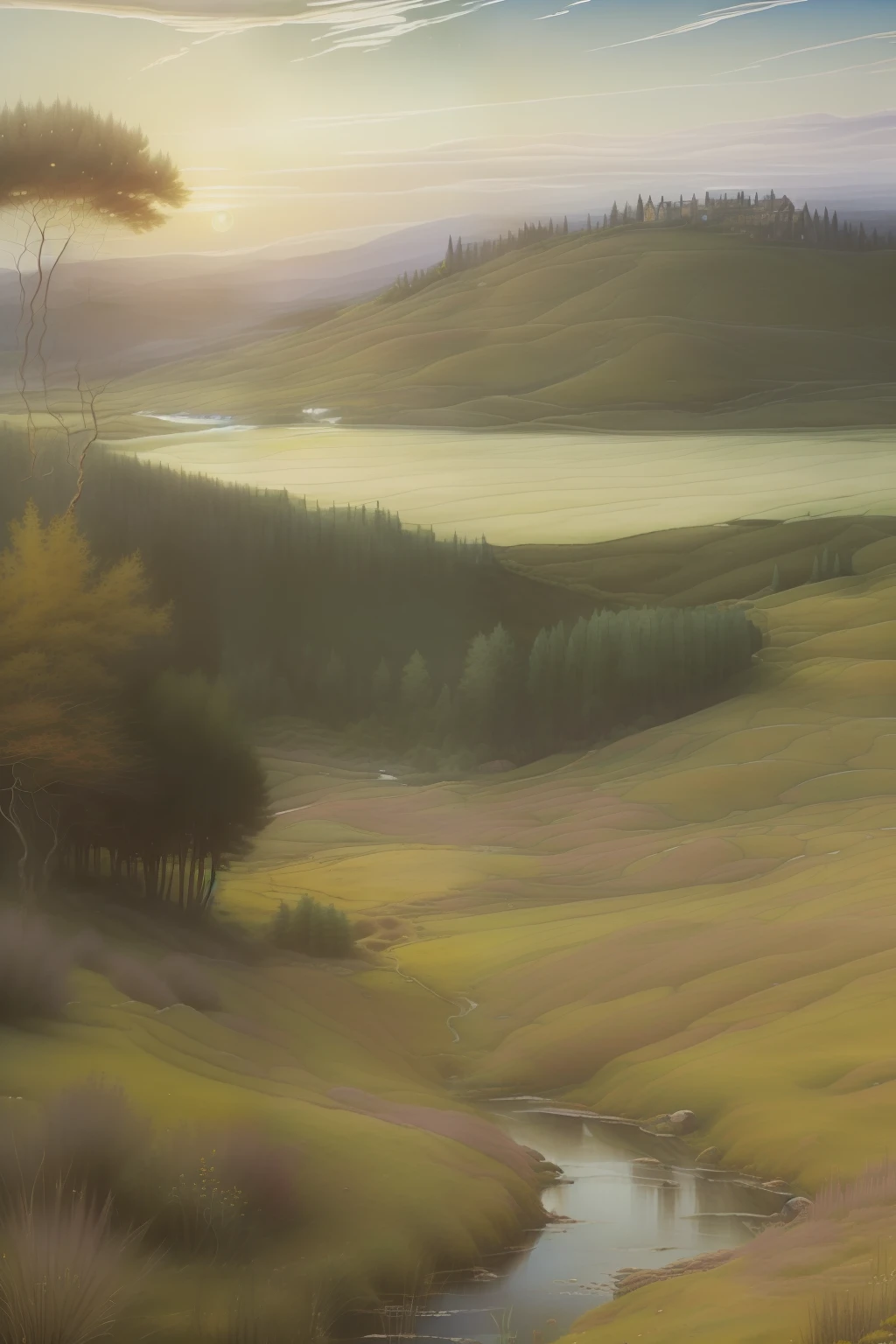 (((Pre-Raphaelite Celtic painting of heather hills, lugar abandonado, terreno baldio, urzes, paisagem irlandesa, nuvens cinzentas, Chuva, melancholic landscape, contraste, sharped image)))
