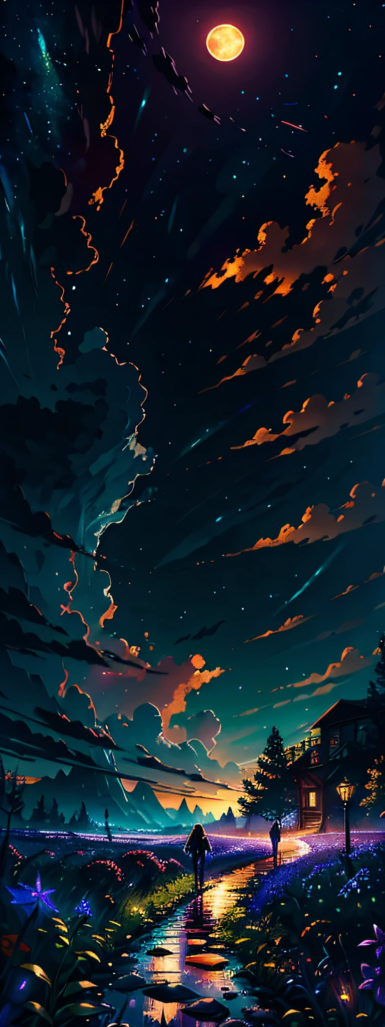 expansive landscape photograph , (a view from below that shows sky above and open field below), a girl standing on flower field looking up, (full moon:1.2), ( shooting stars:0.9), (nebula:1.3), distant mountain, tree BREAK
production art, (warm light source:1.2), (Firefly:1.2), lamp, lot of purple and orange, intricate details, volumetric lighting BREAK
(masterpiece:1.2), (best quality), 4k, ultra-detailed, (dynamic composition:1.4), highly detailed, colorful details,( iridescent colors:1.2), (glowing lighting, atmospheric lighting), dreamy, magical, (solo:1.2)