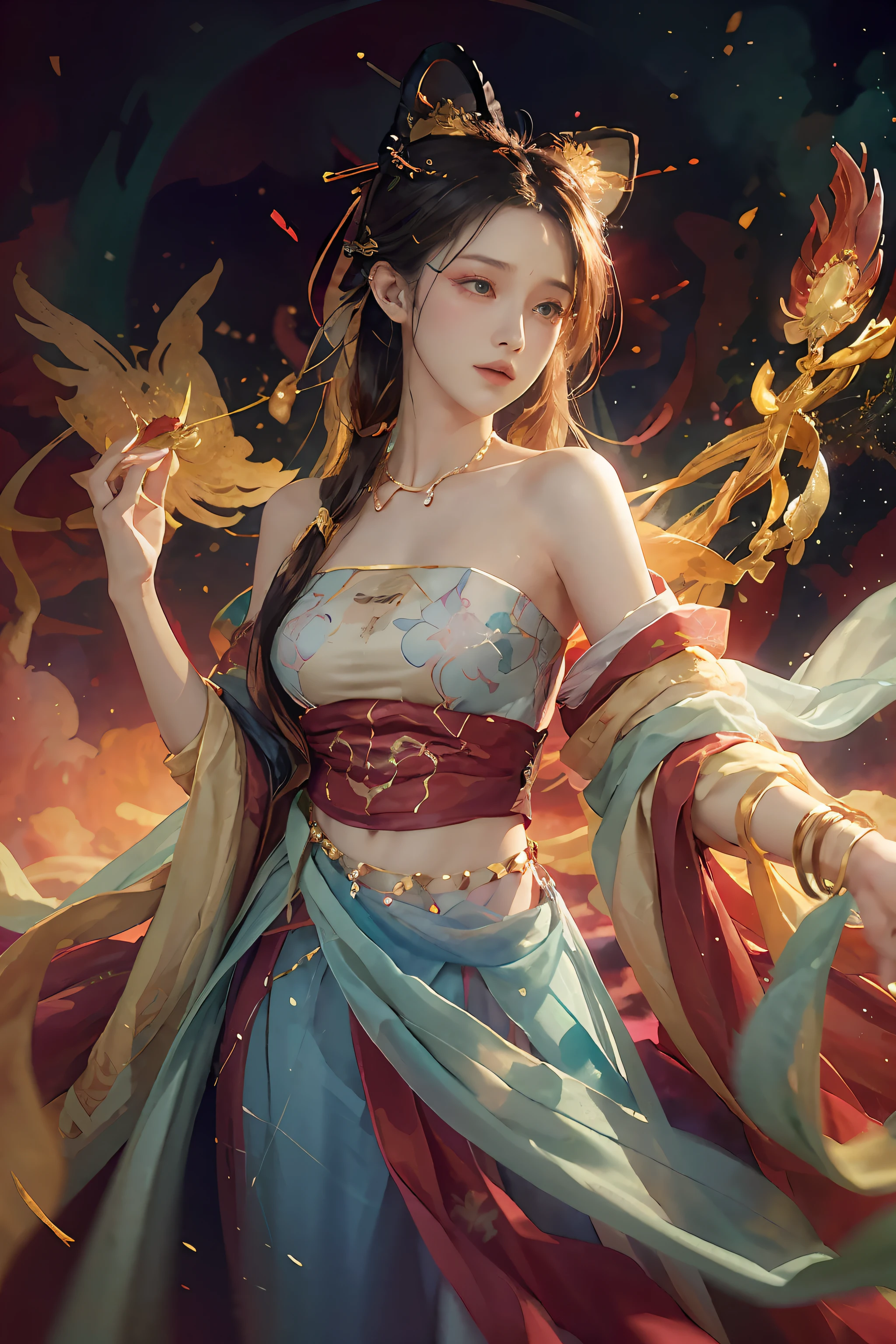(Masterpiece, top quality, best quality, extreme detail, highest detail, official art, Beauty and Aesthetics: 1.2), Colorful, Denim Shot, Upper Body Shot, Beautiful Face, Solo, Perfect Body, On the Sky Clouds, Fairy, Flowing Streamers, Sun Rays, Clouds, Full Body, Hanfu, Chinese Clothes, White Dress, Water, Fireflies, Night, Starry Sky, Jewelry, Feathers on Dresses, Peacock Feathers, Light Particles, Volumetric Lighting, Ray Tracing (Flowing Streamers: 1.1), (Fantasy: 1.2), Illuminator, Stars, Fantasy, High Contrast, Ink Strokes, Overexposure, Purple and Red Tone Impressions, Abstract, ((Watercolor by John Berkey and Jeremy Man)) Brush Strokes,