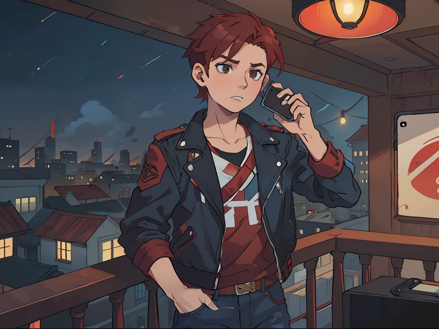 (Boy1, male, short red brushed-up hair, red bandanna, brown eyes, black leather jacket, blue jeans, talking in the phone, calling via smartphone, worried), 2nd floor home balcony