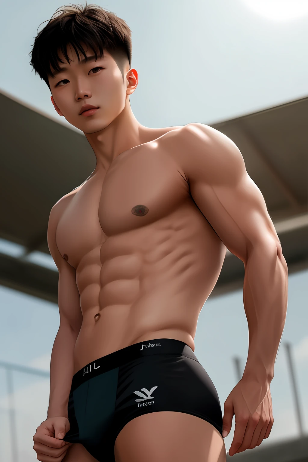 A young Korean man , 1boys, white skinned , Detailed skins, 1boys, (Realistis)), Abs, Good lighting quality, muscle veins, ((paleskin)), soccer player, (tmasterpiece, hyper qualit, A high resolution, 8k, 复杂:1.2), (Detailed face:1.2), handsome, Wearing tight black silk panties,nipple bump, 1boys, 独奏, looking at viewert, balance eyes, ((from below)))
