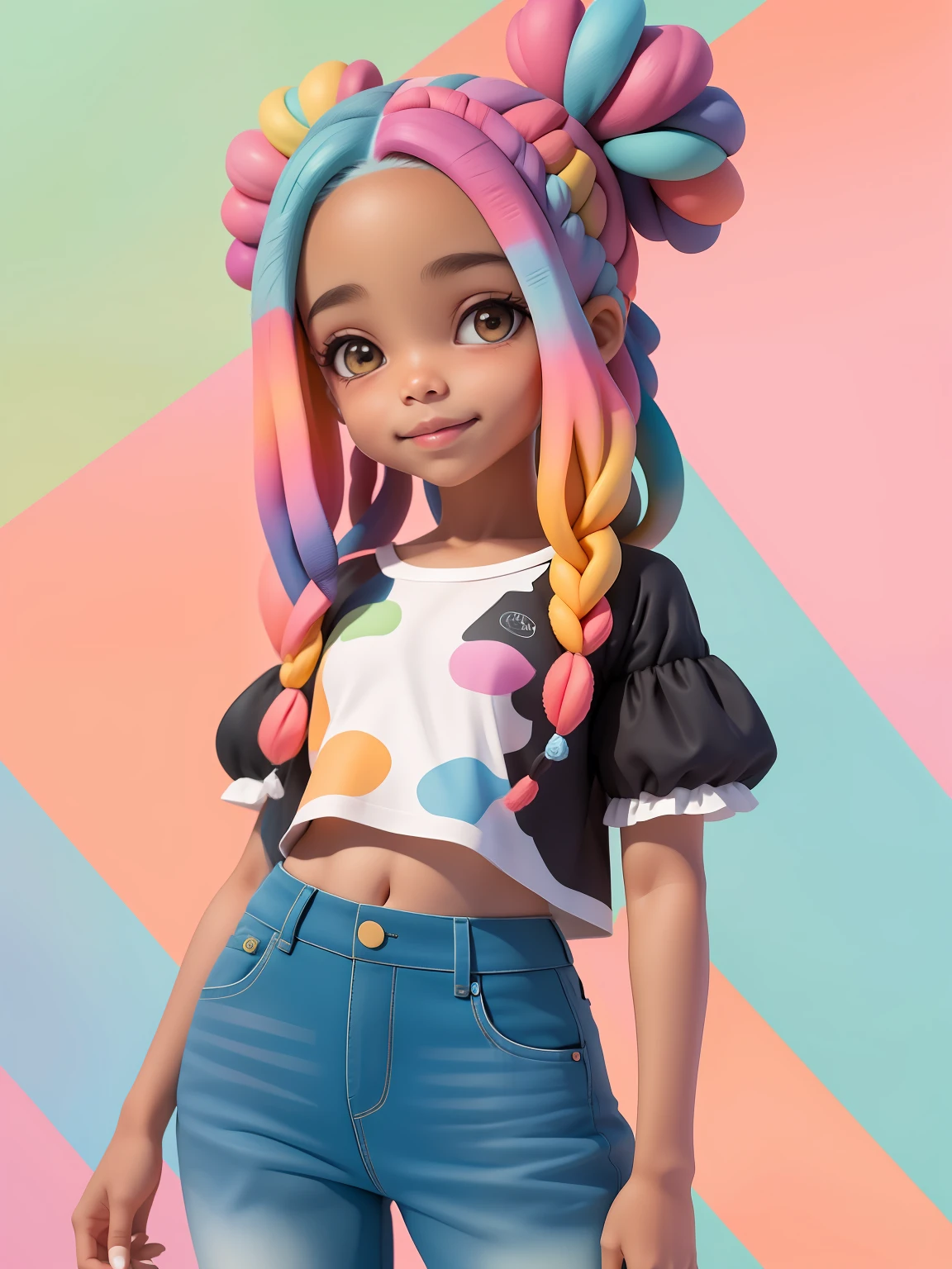 (obra-prima), (melhor qualidade), (ultra-detalhado), (corpo inteiro: 1.2) loli menina negra, dread's, pants and mini blouse, sorriso claro, corpo inteiro, :3, cabelo multicolor, curto, preso, pavor, moderno, Modern accessories, fundo tom pastel , colorido e simples.