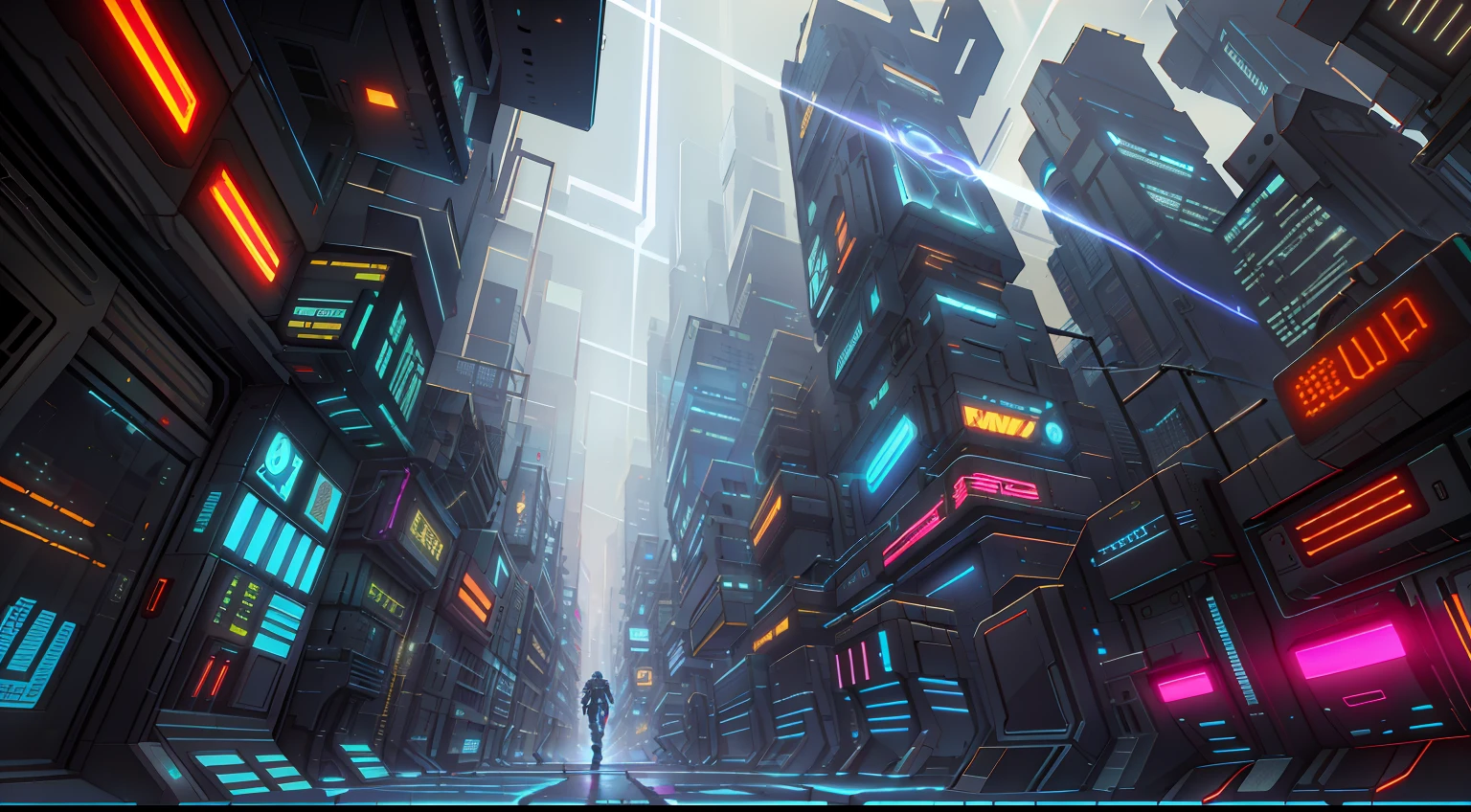 Futuristic big city in cyberpunk style,In the alley,Look up at the sky narrowly,neonlight,beam of light,Spaceship wake,Ultra-wide field of view
