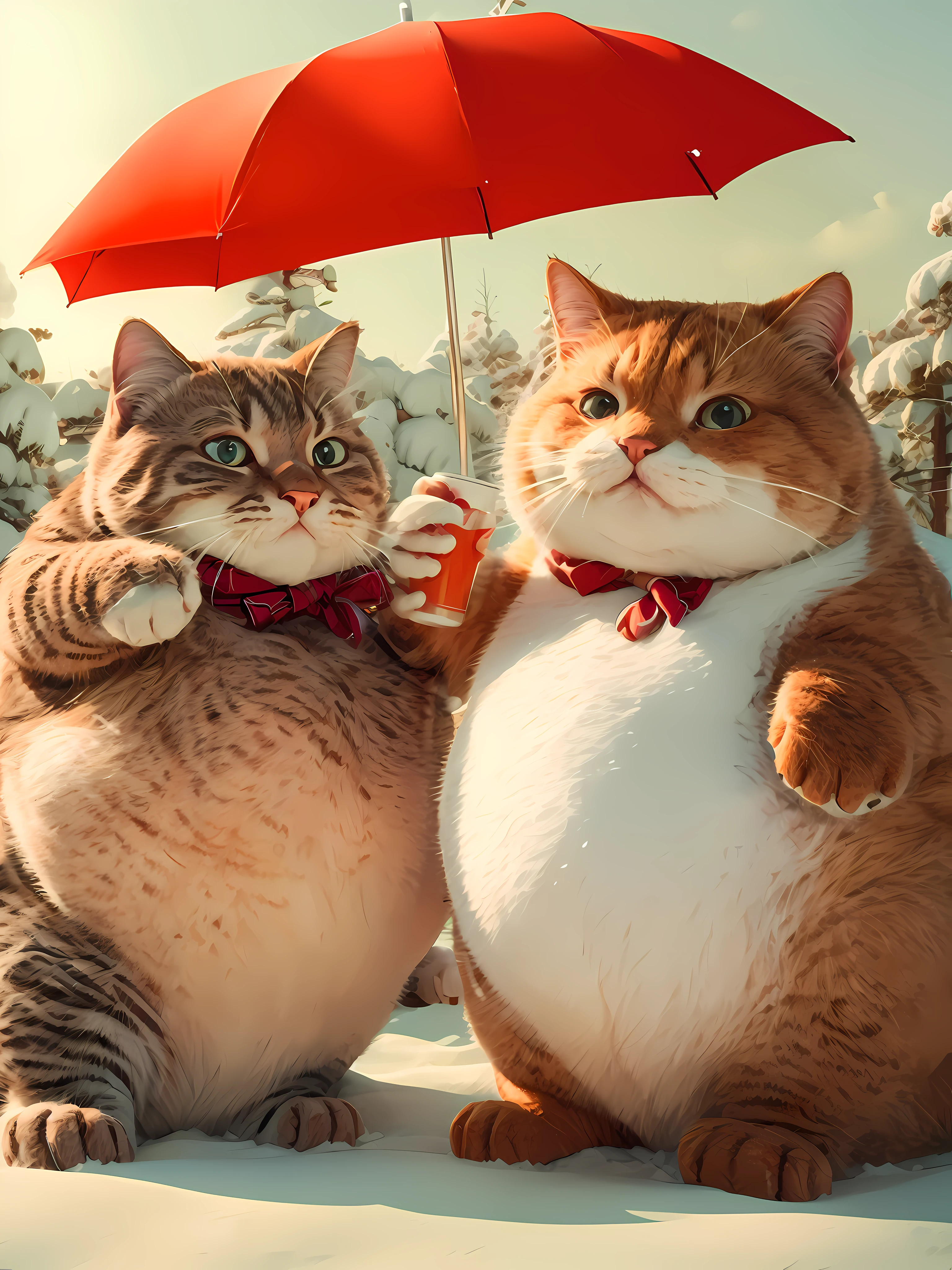Two cartoon fat cats,Garfield,Fat and stupid,Drink Coke,An umbrella,Very fat,Extremely cute,the setting sun,Clouds