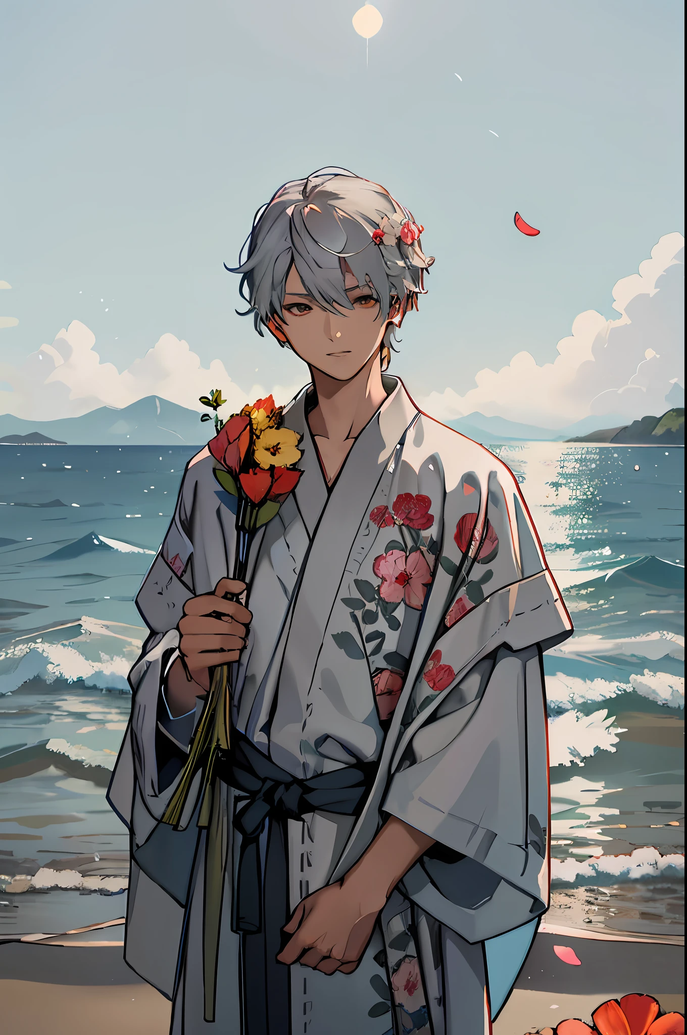 Anime characters with sea and sky near the beach flowers, handsome guy in demon killer art, in a kimono, With flowers, offcial art, shigenori soejima illustration, Detailed fanart, komono, ((wearing aristocrat robe)), highly detailed exquisite fanart, Anime art wallpaper 8 K, zerochan art, dressed in simple robes, pixiv contest winner, official fanart