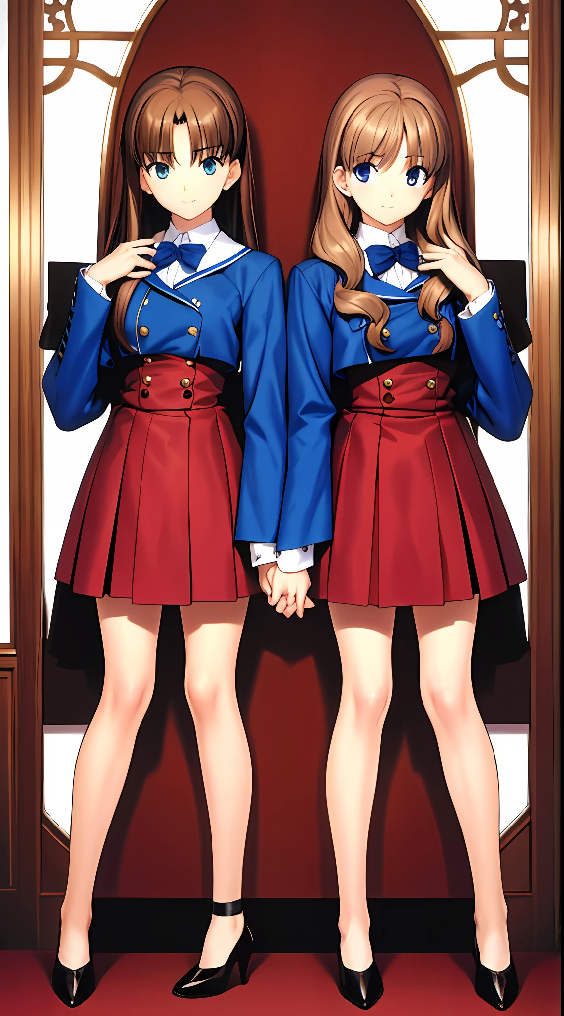 takeuchi takashi, ((Masterpiece, highres)), 2girls, duo, twins, ((one brown haired girl, one blonde girl)), long hair, curly hair, matching hairstyles, different hair color, confident, elegant, rich girls, happy, arms at sides, straight backs, (((matching outfits, identical outfits, uniforms, blue high heels, same color outfits))), standing at attention, shoulder to shoulder, same pose, mansion