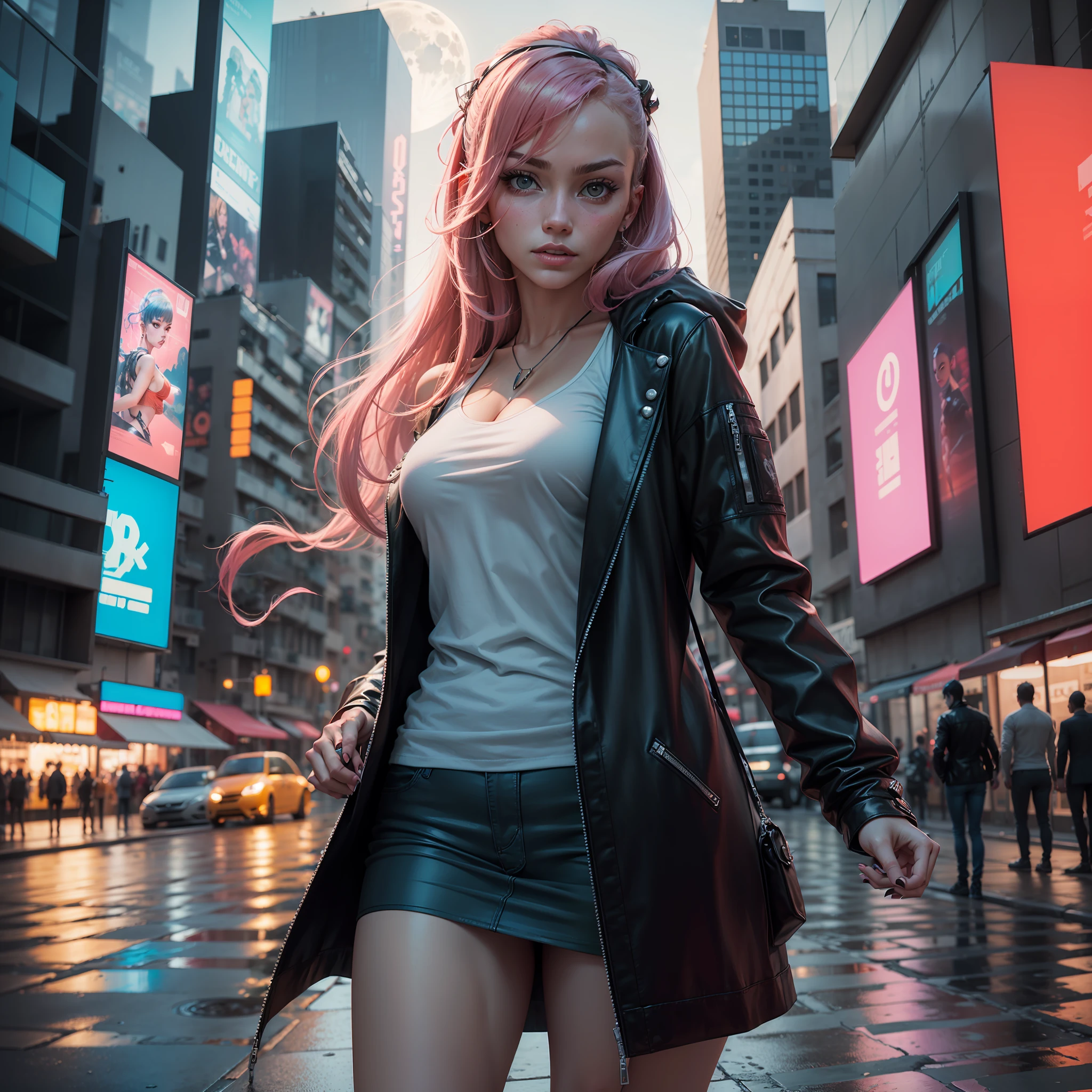 lucy \(cyberpunk\), 1girl, hair scrunchie, hime cut, silver hair, colored tips, full moon, grey eyes, jacket, long sleeves, looking at viewer, Medium hair, O cabelo multicolorido, Bangs separated, lips parted, A pink-haired, portrait, Red eyeliner, Redlip, solo,, cyber punk perssonage\(series\), Cyberpunk city rainy night neon flashing royal sister long legs