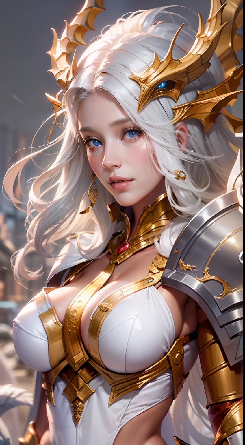 highest details , highest quality , masterpiece , ((( photorealistic ))), girl wear a red dragon armor, highest details armor, shiny armor, Beautiful woman, (( pretty woman )), high nose, pink lips, soft specular skin, blue eyes, (( huge breasts )), perfect body, sexy, full body view, back light. white hair, long hair.