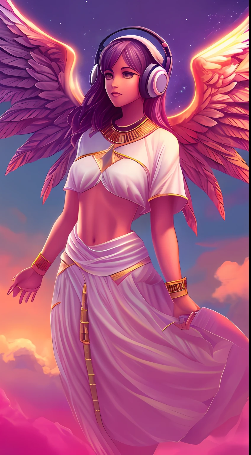 Full body: 1.6, Female angel flying in the sky: 1.5, wearing headphones: 1.4, light seductive clothing, beautiful: 1.3, Ancient Egypt, oil, landscape, textured, High contrast, badge, pastel colors, Meatcore, bright fire lighting, High quality