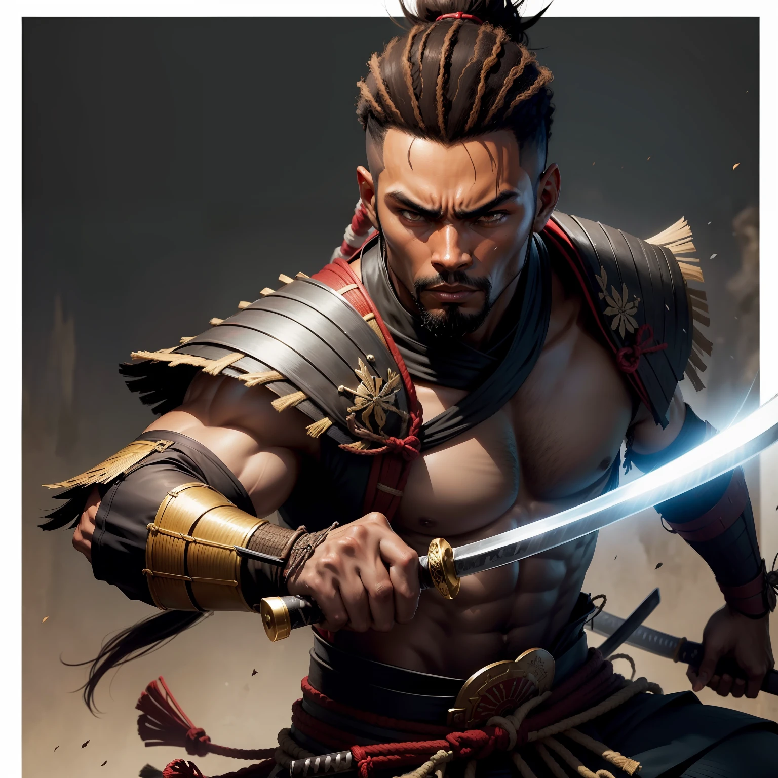 Homen Samurai  africano golpeado com a katana