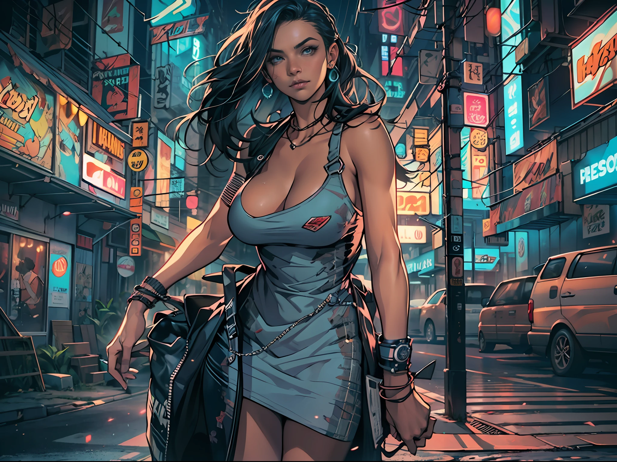 ((Best quality, 8K, Masterpiece: 1.4)),((Amazing detail: 1.3)),((illustration, Hairstyle Casual: 1.2)),((High resolution: 1.1)), GTA, American comics,cyberpunk,city,neon light,midnight,cool,movie cover,punk,future style,poster style,thick,chiaroscuro, depth of field, cinematic lighting, motion blur, lens flarechiaroscuro, depth of field, cinematic lighting, motion blur,
