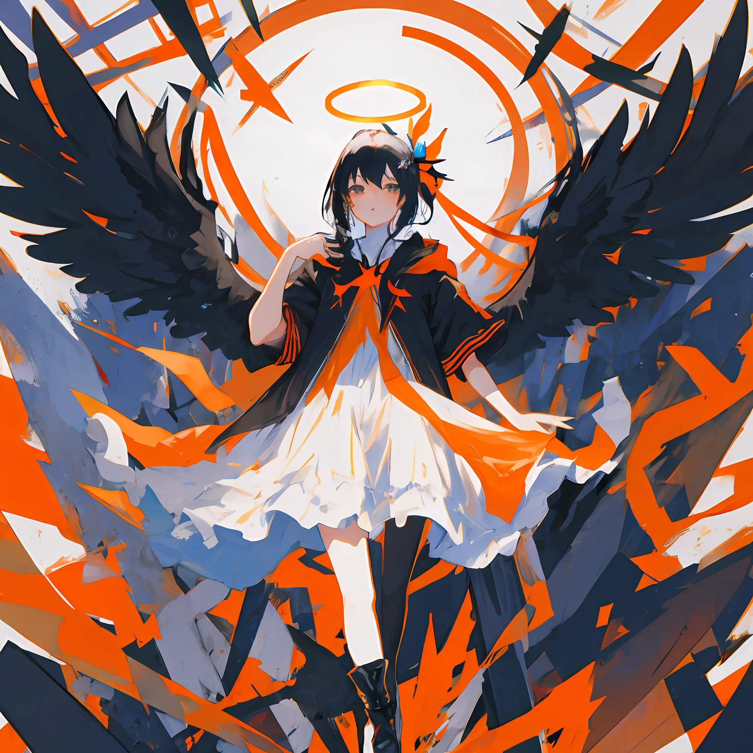 A photo of a crow with spread wings posing like a mythical god against a background of orange and black colors.