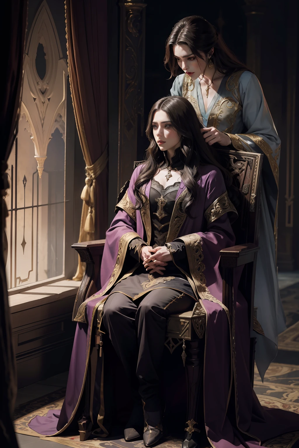 Castlevania Lord of the shadows prince full outfit with evil princesse full caftan outfit in throne room