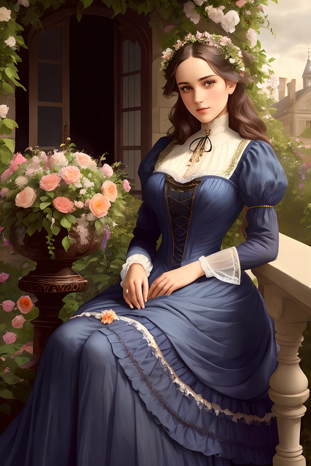 a beautiful woman in her twenties, perfect face, [(detailed face), ((detailed facial features)):0.4], [full body::0.4], victorian era dress, [ball gown::0.4], garden, [sky::0.4], masterpiece, high quality, best quality, [delicate pattern, intricate detail, [soft rim light], detailed foliage, flowers:0.4], garden alcove bower