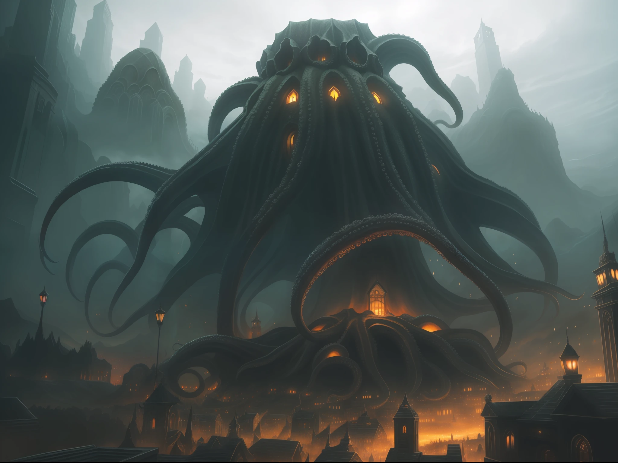 There is a huge octopus in the center of the city, lovecraftian landscape, gigantic cthulhu, Lovecraftian atmosphere, giant cthulhu, photo of cthulhu, inspired by lovecraft, lovecraftian hellscape, lovecraftian background, lovecraftian inspiration, inspired by H.p. Lovecraft, lovecraftian monster, epic fantasy sci fi illustration