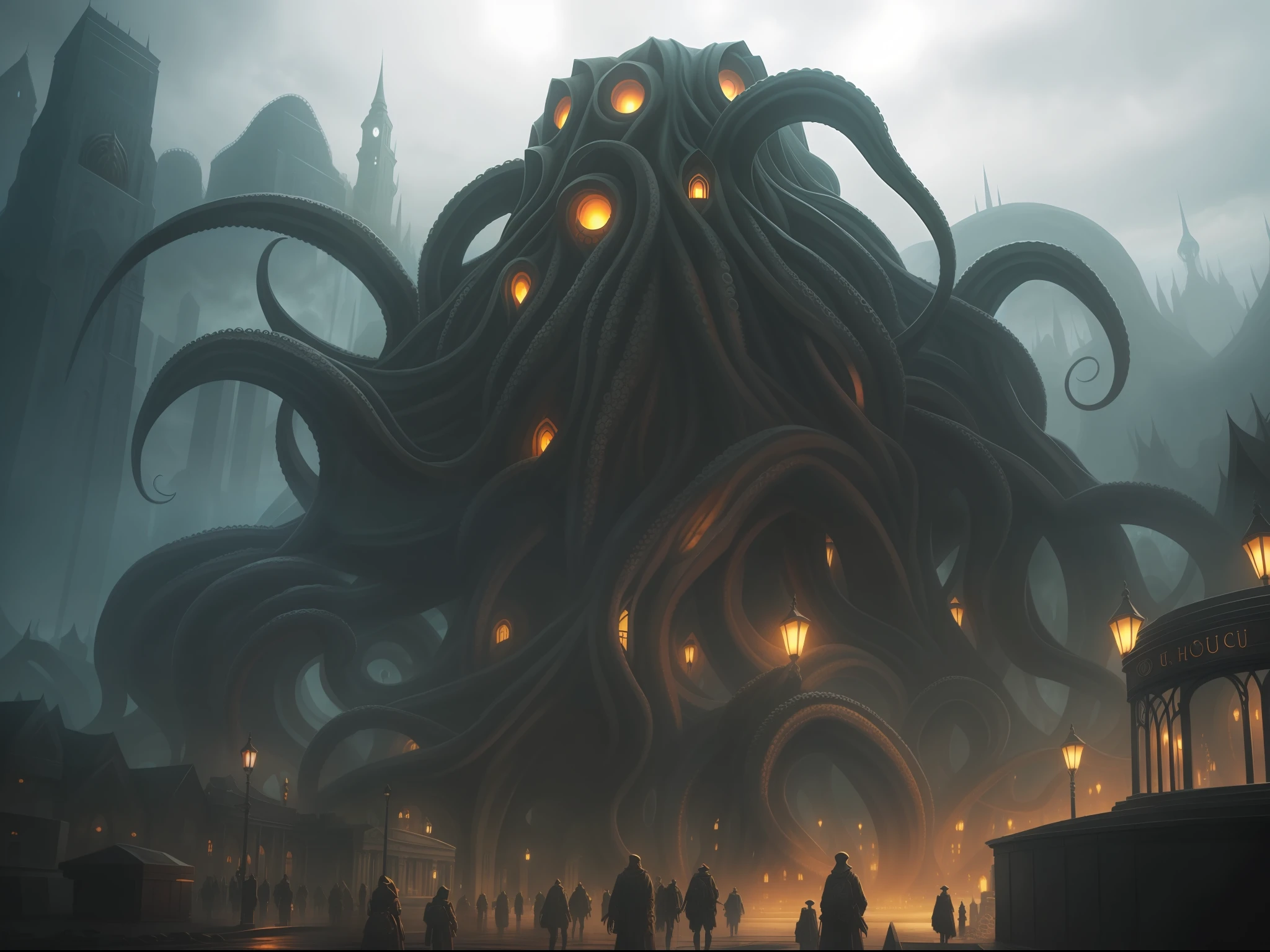 There is a huge octopus in the center of the city, lovecraftian landscape, gigantic cthulhu, Lovecraftian atmosphere, giant cthulhu, photo of cthulhu, inspired by lovecraft, lovecraftian hellscape, lovecraftian background, lovecraftian inspiration, inspired by H.p. Lovecraft, lovecraftian monster, epic fantasy sci fi illustration