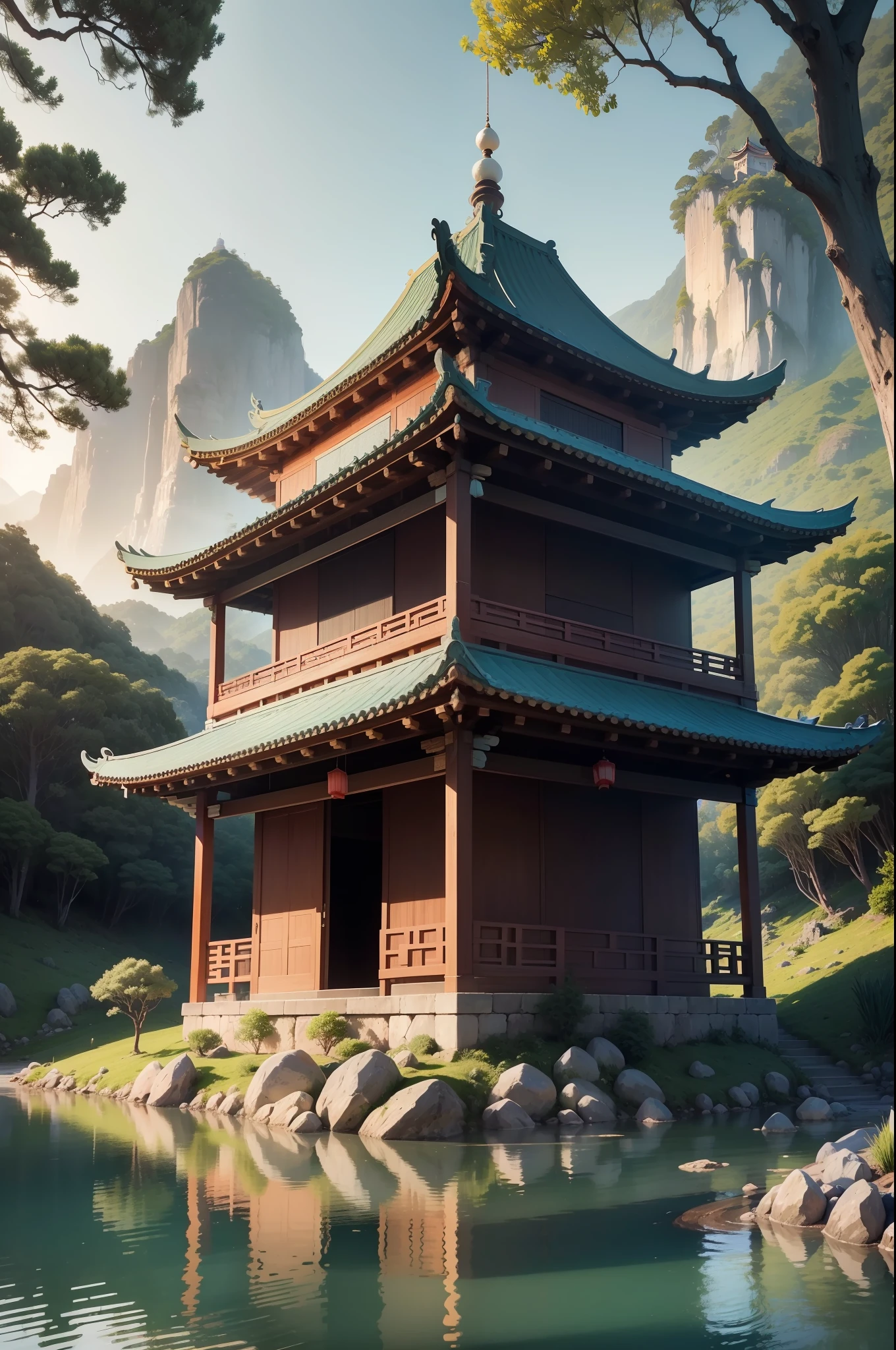 Visualize a picturesque and authentic landscape of China, captured in its magnificence. The scenery is dominated by a traditional Chinese temple, A testimony of classical architecture that evokes serenity and spirituality.

O templo, com sua estrutura intricada, possui telhados de estilo curvado, ricamente ornamentados com telhas de azul esmaltado e bordas decorativas em tons dourados. A madeira escura e trabalhada do templo contrasta harmoniosamente com as cores das telhas. The building consists of several interconnected pavilions, cada um lindamente projetado e contribuindo para a grandiosidade geral.

The temple is perfectly situated on top of a gentle hill, cercada por uma floresta de bambus que cria uma moldura natural para a vista. The stems of the bamboos sway gently in the gentle breeze, criando uma melodia suave e relaxante que se mistura ao ambiente.

Ao lado do templo, um lago sereno se estende, reflecting the architectural beauty around you. The water is calm and clear, revealing the outlines of goldfish swimming peacefully below the surface. The shores of the lake are embellished with lotus flowers of subtle shades, que acrescentam toques de cor delicados.

The mountains that surround the scenery are covered by a soft mist that gives them an ethereal quality. The soft light of the morning sun pierces through this mist, creating a golden glow and a sense of mystery. The mountains are covered with lush vegetation, providing a sense of isolation and tranquility.

The sky is vast and clear, com uma tonalidade azul profunda e nuvens brancas flutuando suavemente. The temple seems to touch the sky itself, establishing a link between the earthly world and the divine.

This is a scene that evokes the essence of Chinese culture, com seu templo imponente, lago sereno, bambus vibrantes e montanhas enevoadas. Each element contributes to the harmony of the landscape and invites deep contemplation.