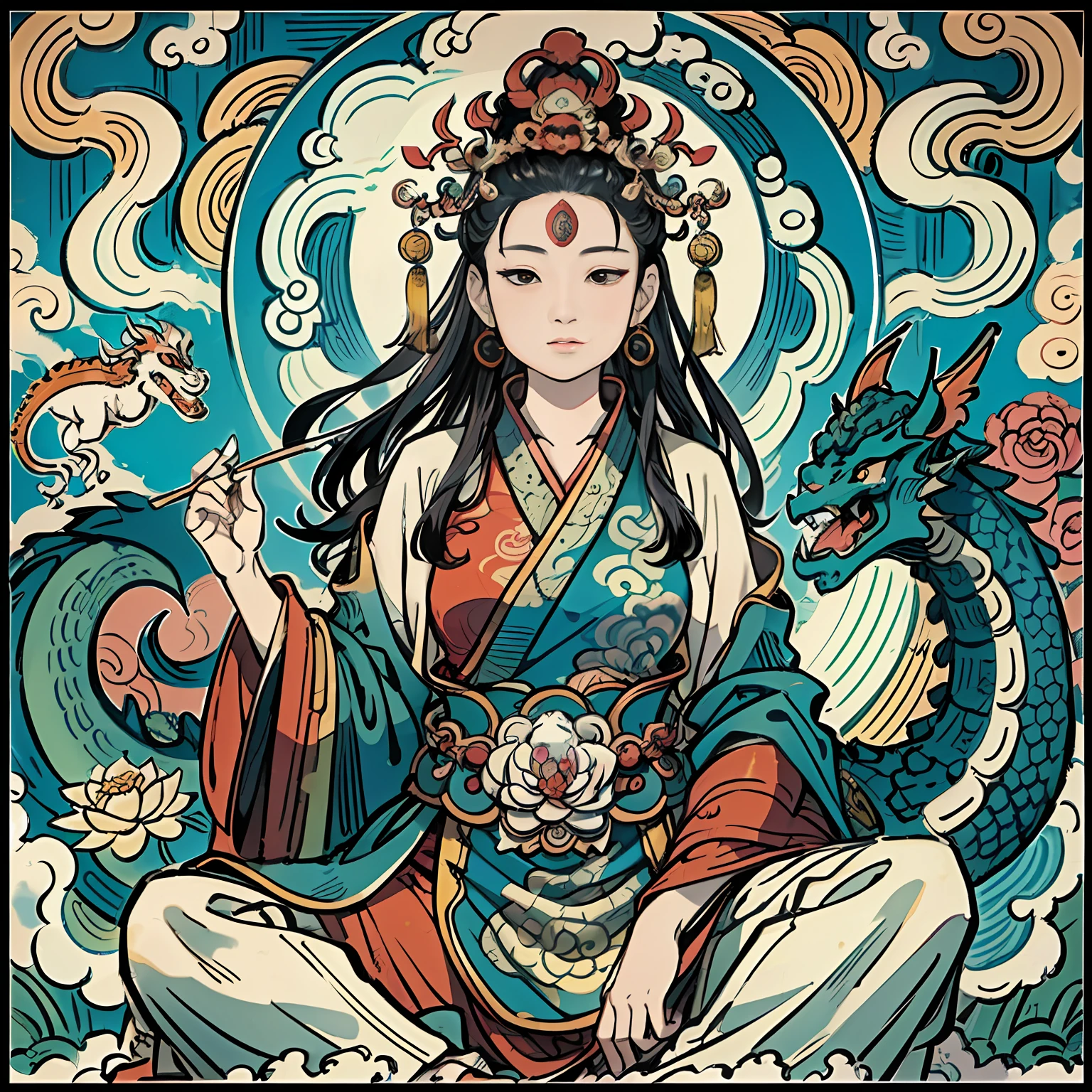 an ancient Chinese goddess, guanyin of the southern seas, Guanyin, Inspired by India, Avalokiteshvara rides a dragon,Serene expression,shui mo hua,Buddha,Buddhist,Lotus,Chinese painting style,Thangka style