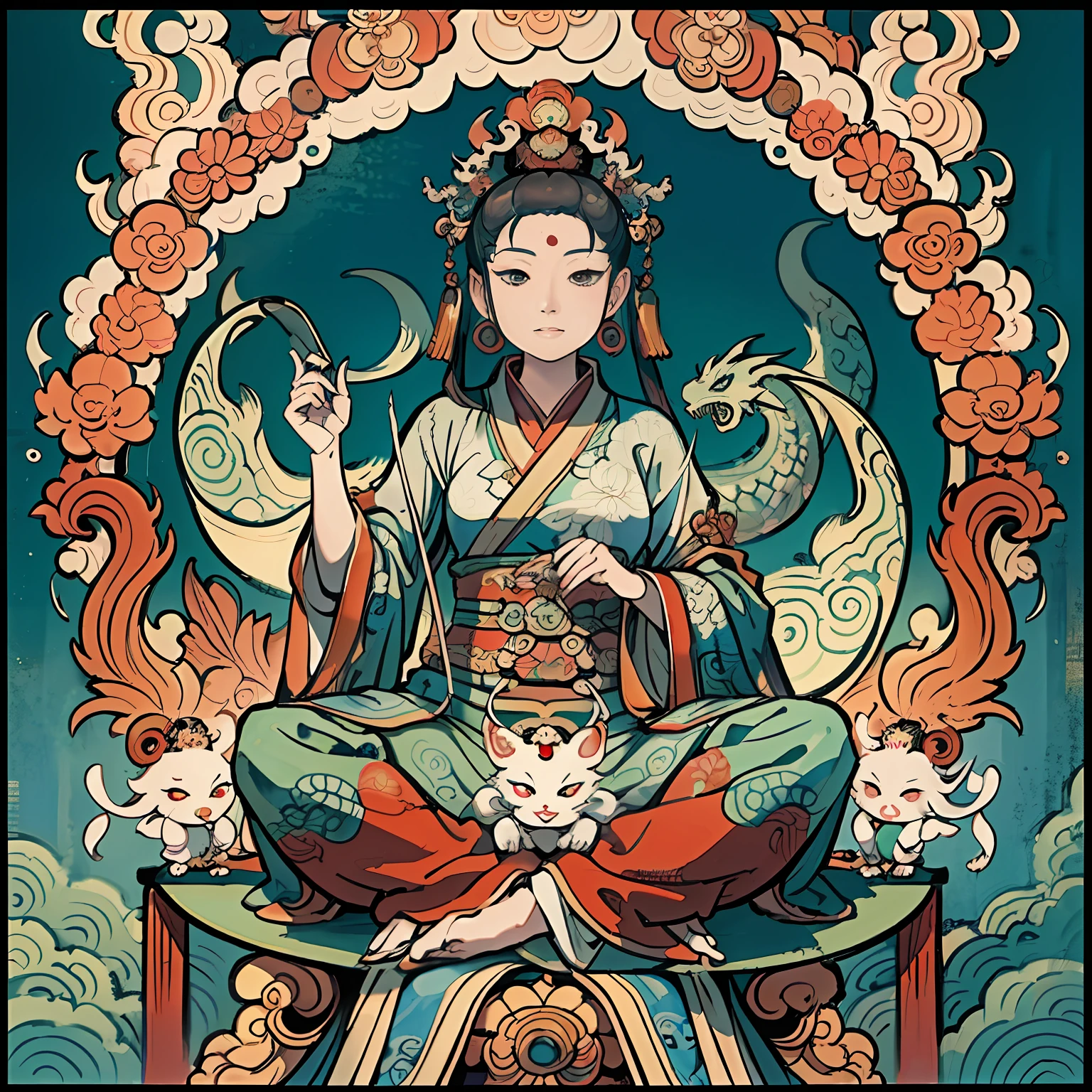 an ancient Chinese goddess, guanyin of the southern seas, Guanyin, Inspired by India, Avalokiteshvara rides a dragon,Serene expression,shui mo hua,Buddha,Buddhist,Lotus,Chinese painting style,Thangka style