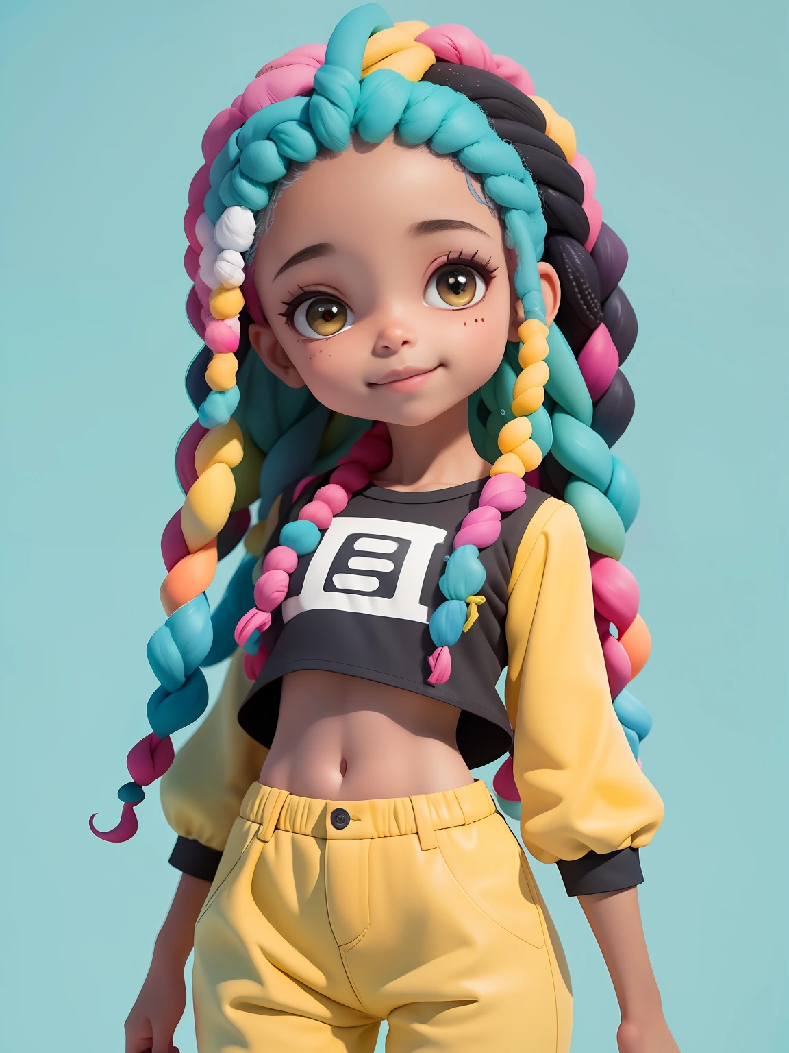 (obra-prima), (melhor qualidade), (ultra-detalhado), (corpo inteiro: 1.2) loli menina negra, dread's, pants and mini blouse, sorriso claro, corpo inteiro, :3, cabelo multicolor, curto, preso, pavor, moderno, Modern accessories, fundo tom pastel , colorido e simples.