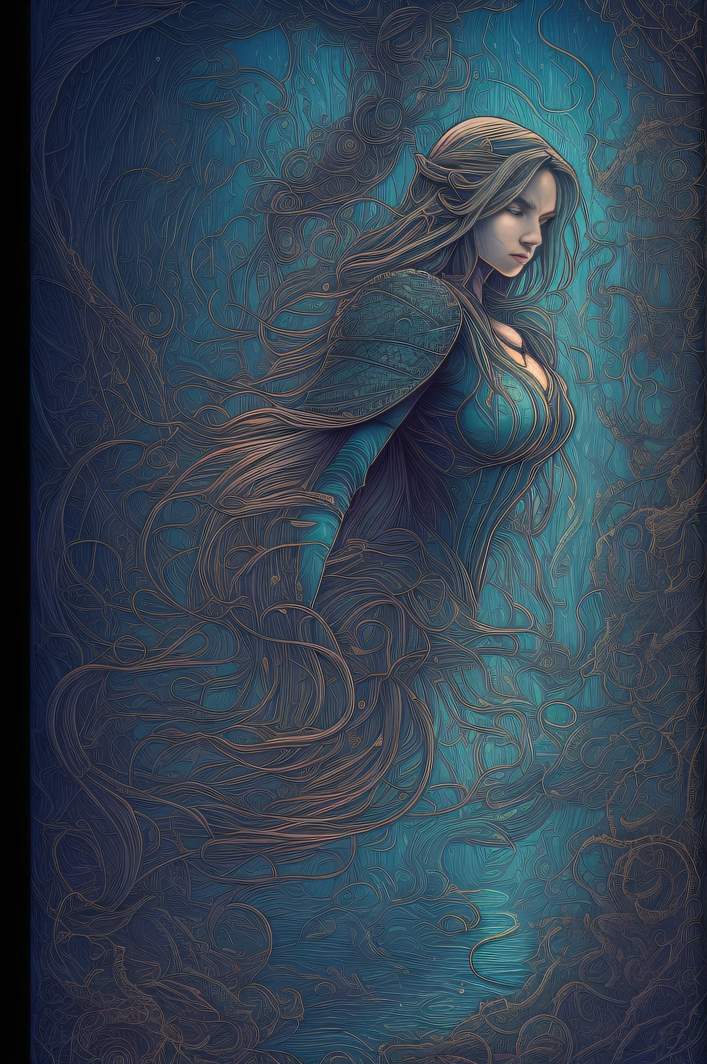 ((PERSONAJE Aqua)): It can clean up water pollution and raise awareness about its responsible use. Vista frontal de una cabeza (Una chica de belleza desconocida con el pelo mojado peinado estricto de oficina y maquillaje encantador:1.1) mucha agua, es la diosa del agua, arte, Clear symmetrical art, (estilo Dan Mumford:1.1), HDR, tonos acua, strong lines, fantasy atmosphere, estilo lovecraft, (JimJorCrafLogo art style:1.3)