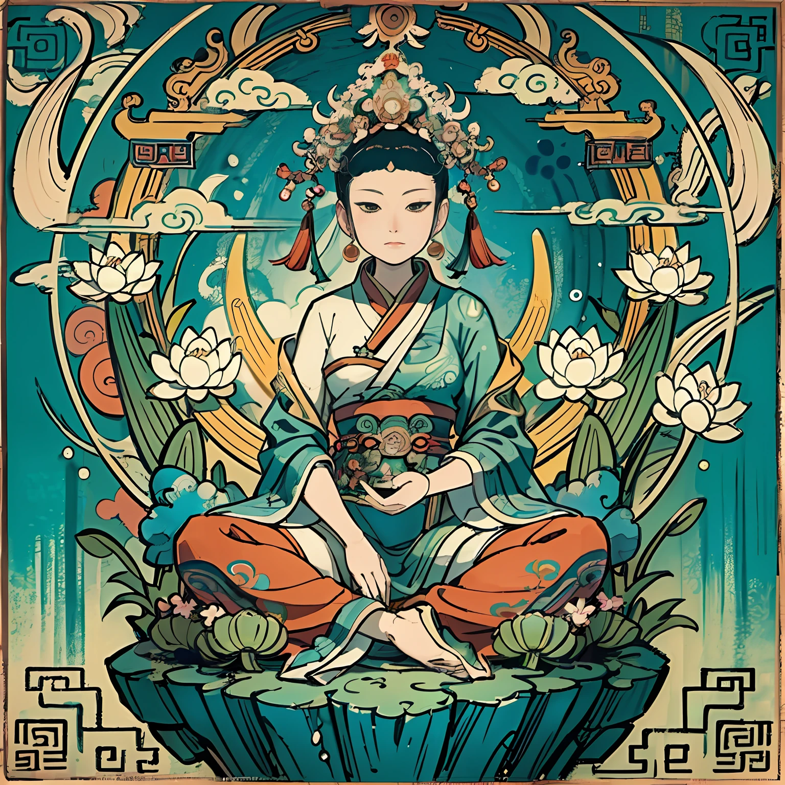 Woman sitting on a lotus,guanyin of the southern seas,Guanyin,contented female bodhisattva,jade sculpture,bodhisattva,queen of the sea mu yanling,serene,Serene expression,shui mo hua,Buddha,Buddhist,Lotus,Chinese painting style,Thangka style