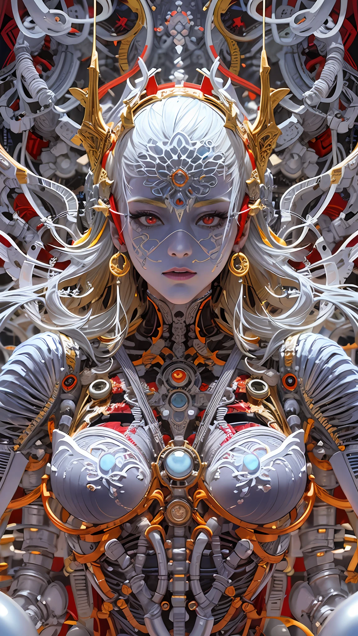 Intricate 3d rendering ultra-detailed beautiful angel of death, biomechanical robot, simulated 150mm lens, beautiful natural soft edge light, neon veins, roots, delicate leaf lace, colorful details, Boris Bidjan Saberi costume, pearl earrings, piercings, art nouveau fashion embroidery, intricate details, mesh lines, Mandelbrot fractals, facial muscles, cables, microchips, villains, surreal, ultra-detailed, octane, volumetric lighting, 8k and post-production, red The white has a little bit of black, Metal Skeleton Details, Half-Human, Iridescent, Glenn Brown Style, Futuristic Room, Power of God, High Angle Shot, Complex Body Poses