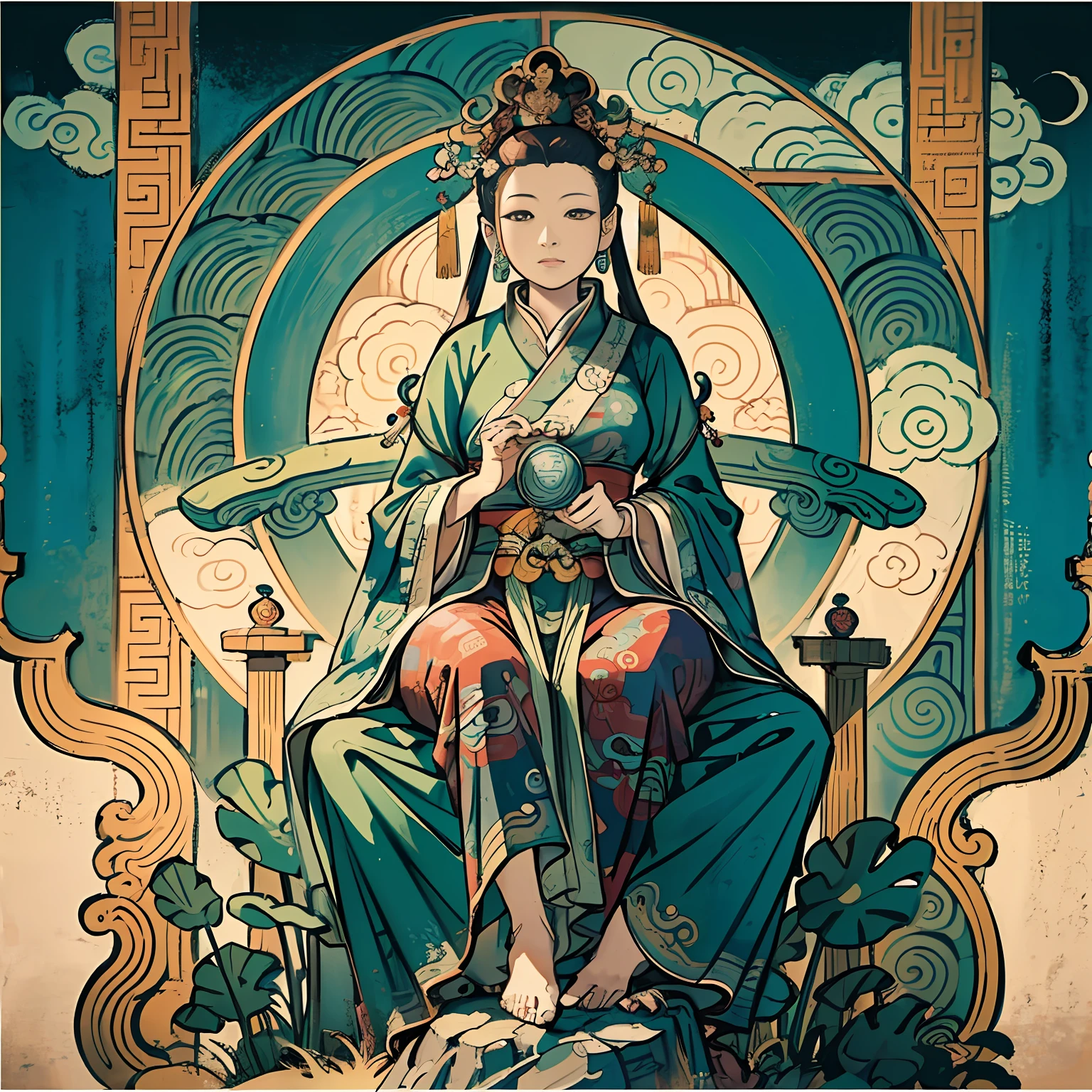 Woman sitting on a lotus,guanyin of the southern seas,Guanyin,contented female bodhisattva,jade sculpture,bodhisattva,queen of the sea mu yanling,serene,Serene expression,shui mo hua,Buddha,Buddhist,Lotus,Chinese painting style,Thangka style