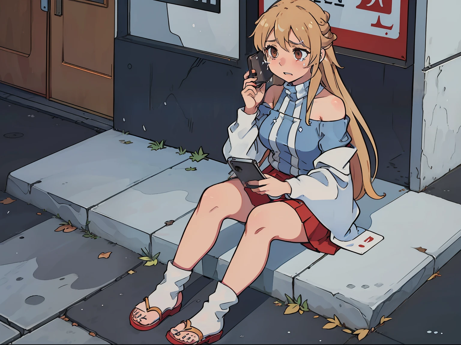 (Asuna1, female, long blond hair, brown eyes, blue off-shoulder turtleneck top, red short skirt, white sandals, mad, tears in eyes, calling via smartphone, talking in the phone), city sidewalk