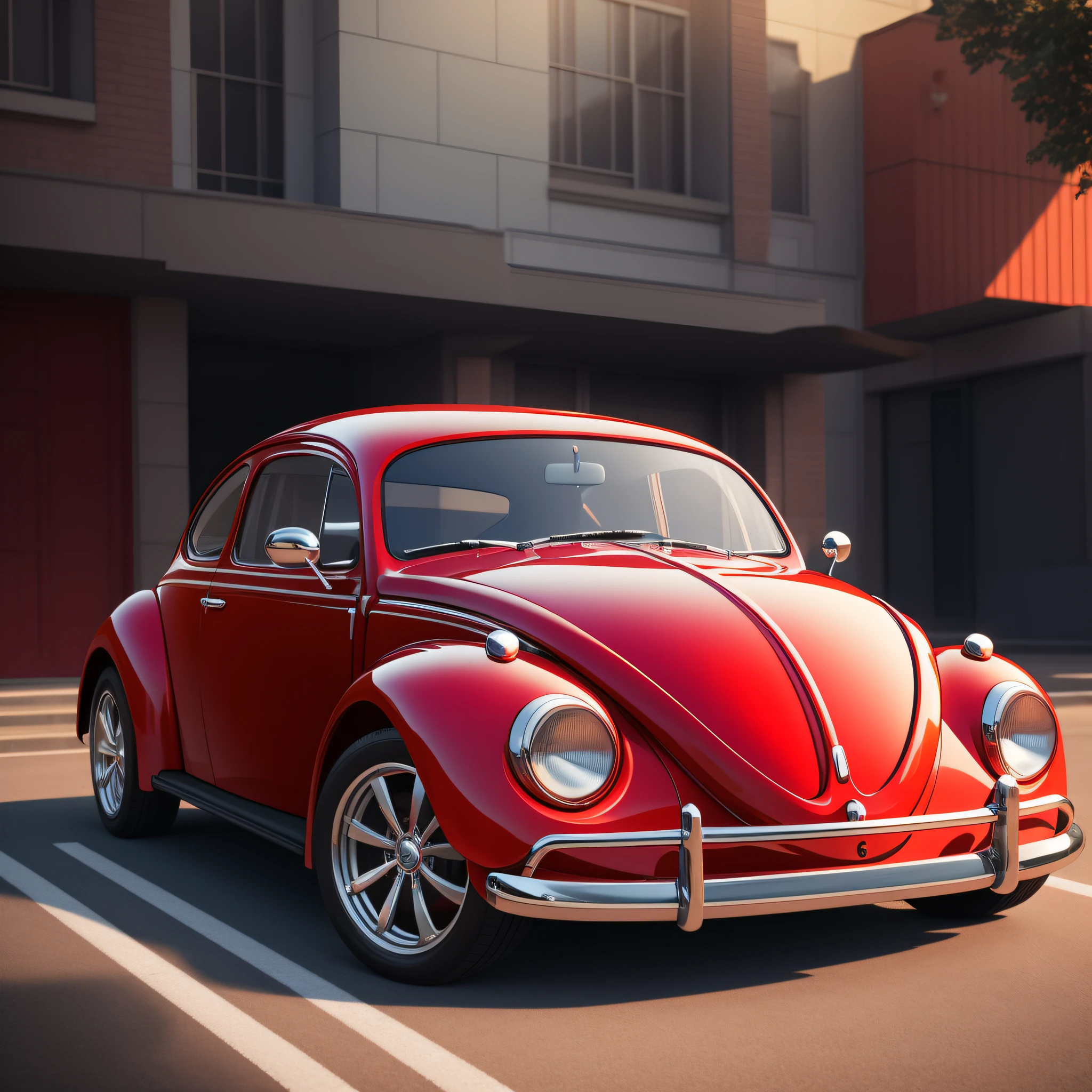 Front corner view of a bright red Hot Rod version of Volkswagen Beetle with sleek lines and a glossy finish just like in GTA games. full body. Symmetry, Volumetric Lighting, Accent Lighting, Global Illumination, Scattering, Shadows, Shimmering, Lumen Reflection, Cinematic, Sharp Focus, 50mm Main Lens, F/1.8, Perfect Composition, Intricate, Insanely Detailed, Global Illumination, Hyperrealistic , Vray Tracing, DSLR, HDR, 32k