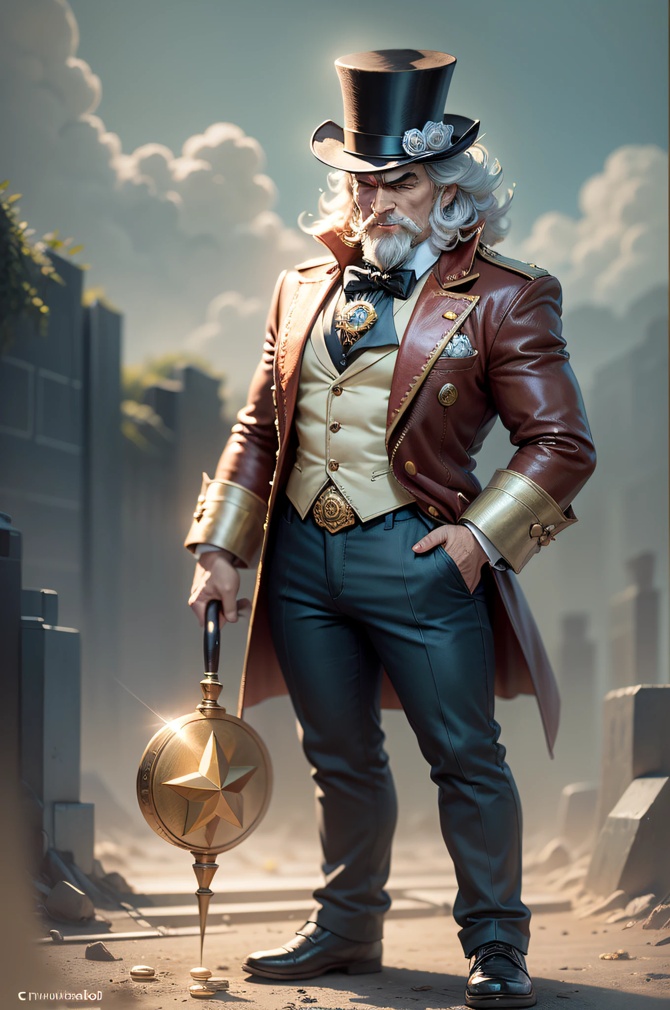 Captain's Wallet, A wise character with a top hat and a cane, holding some magic coins in your hands, It has the power to create magical coins and uses its wallet as a powerful weapon against evil, Personagem conceitual, um personagem de corpo inteiro, fofo, sorridente, fundo branco, in the style of children's book illustrations, superhero style, Disney and Pixar style animation, Motor irreal, 8k, circunstanciado --auto --s2