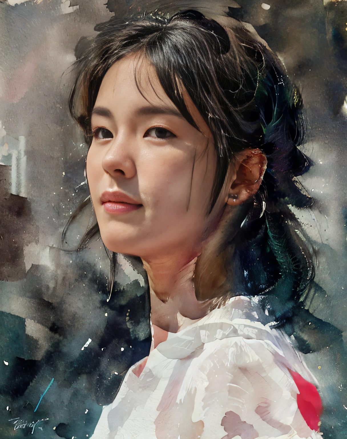 colorwater, insanely photorealistic RAW photo portrait of a stunning beautiful 30yo woman in the style of Steve McCurry, award-winning, highly detailed, sharp focus, intricate, symmetrical features, perfect lighting, 4k, 8k, HD, dramatic lighting, octane render, in the style of Tom Bagshaw, Sargent, Thomas Kinkade