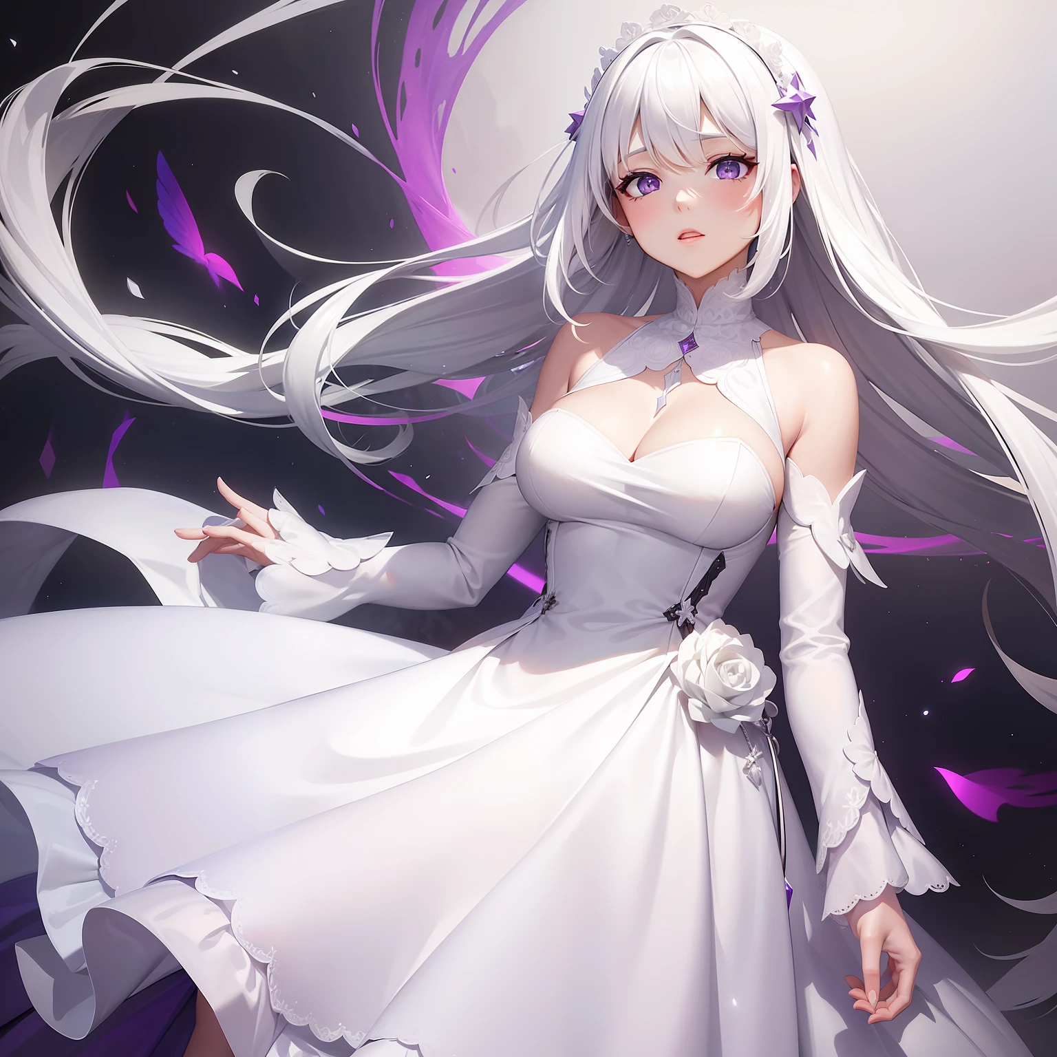 a women, white hair, purple eyes, white dress